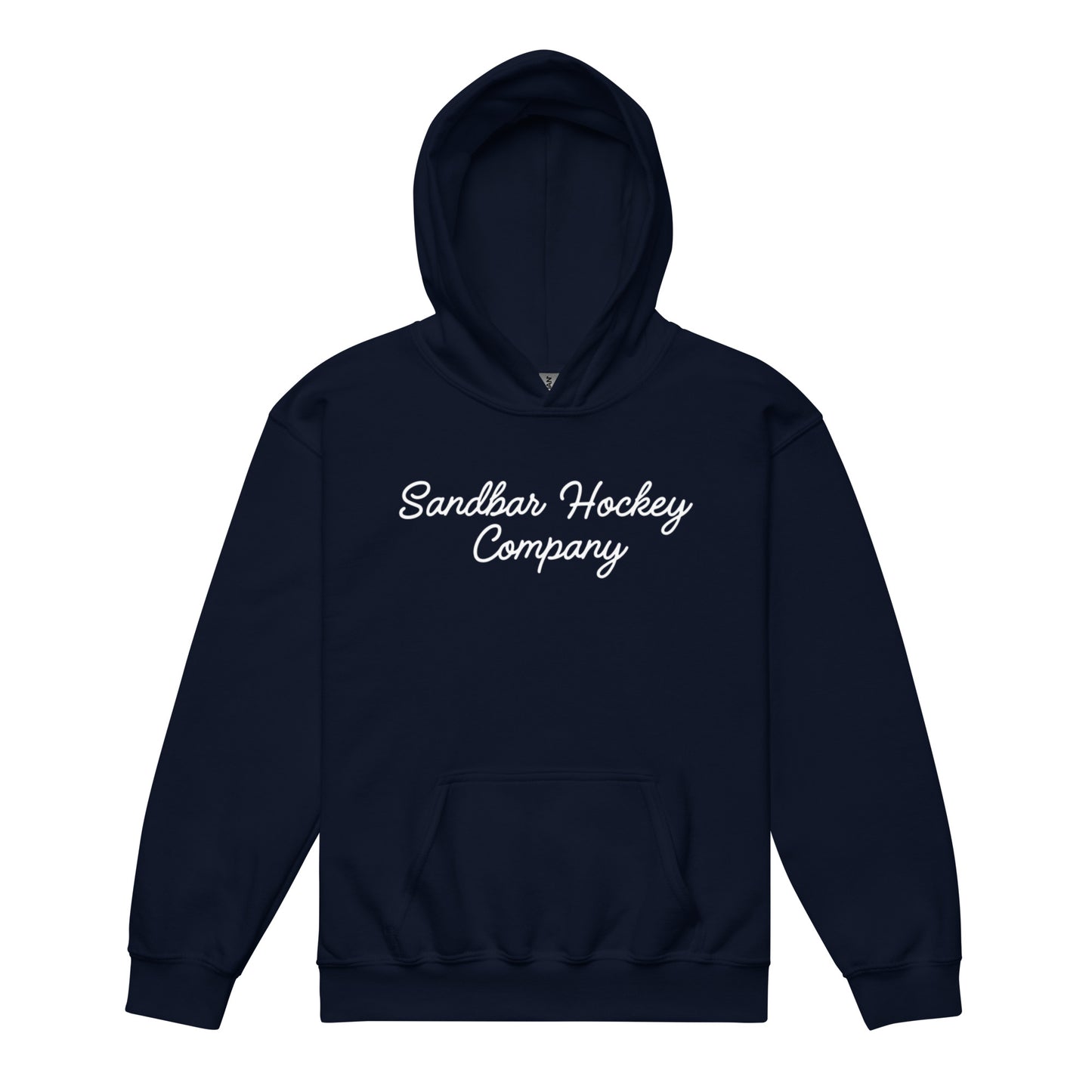 Navy blue youth hockey hoodie shown from the front, featuring a white Sandbar Hockey Company script logo across the chest.