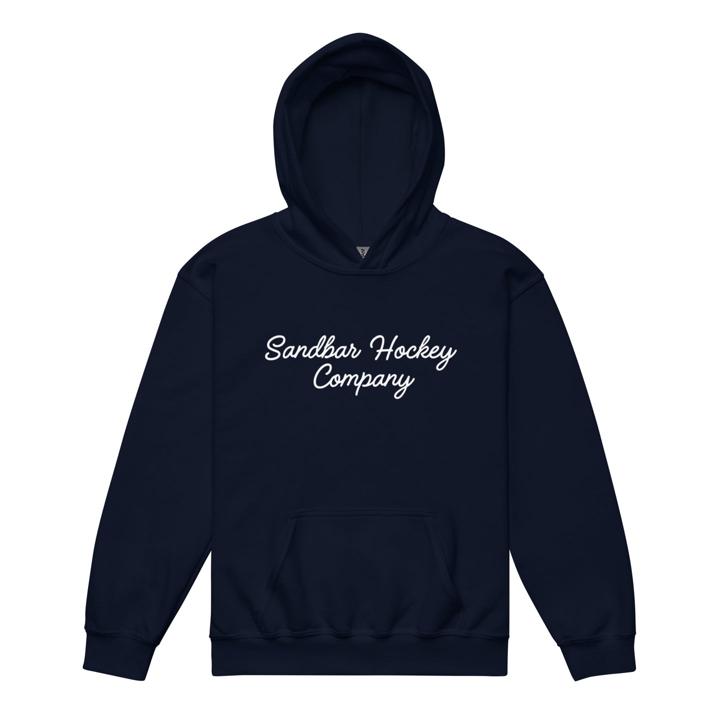 Navy Blue youth hoodie with “Sandbar Hockey Company” printed in white script across the front chest and a front kangaroo pocket.