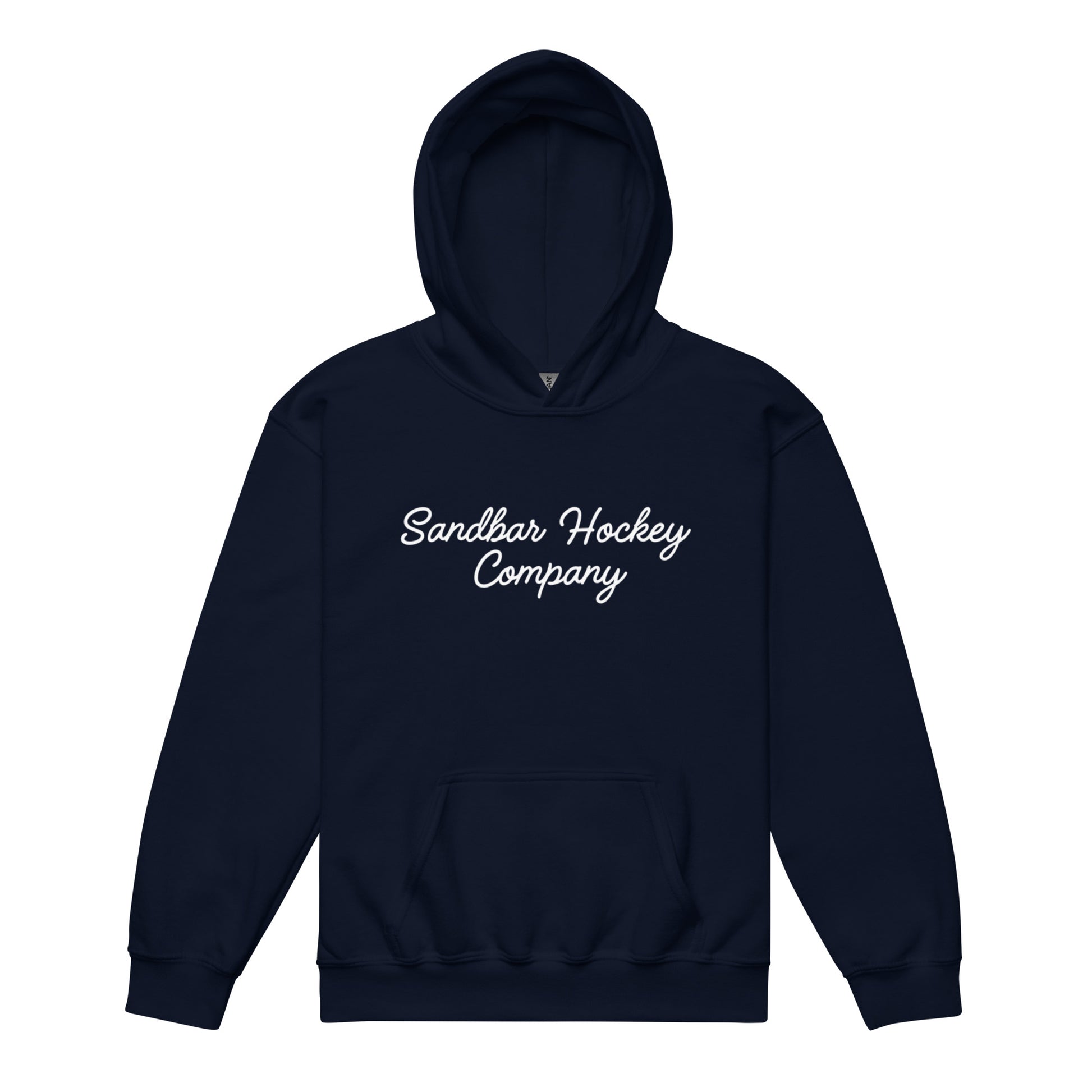 Navy Blue youth hoodie with “Sandbar Hockey Company” printed in white script across the front chest and a front kangaroo pocket.