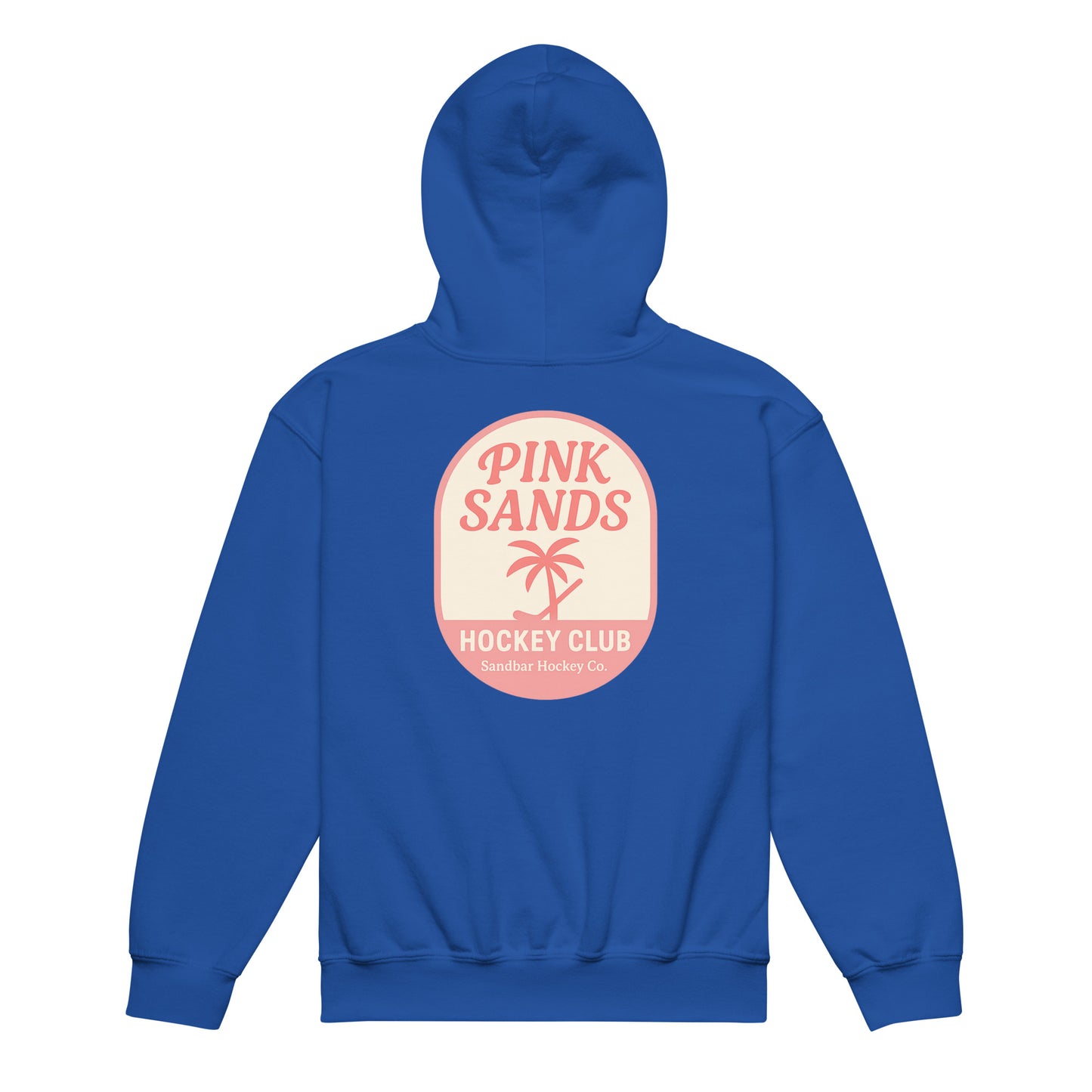 Blue youth hockey hoodie back side with Pink Sands Hockey Club graphic 