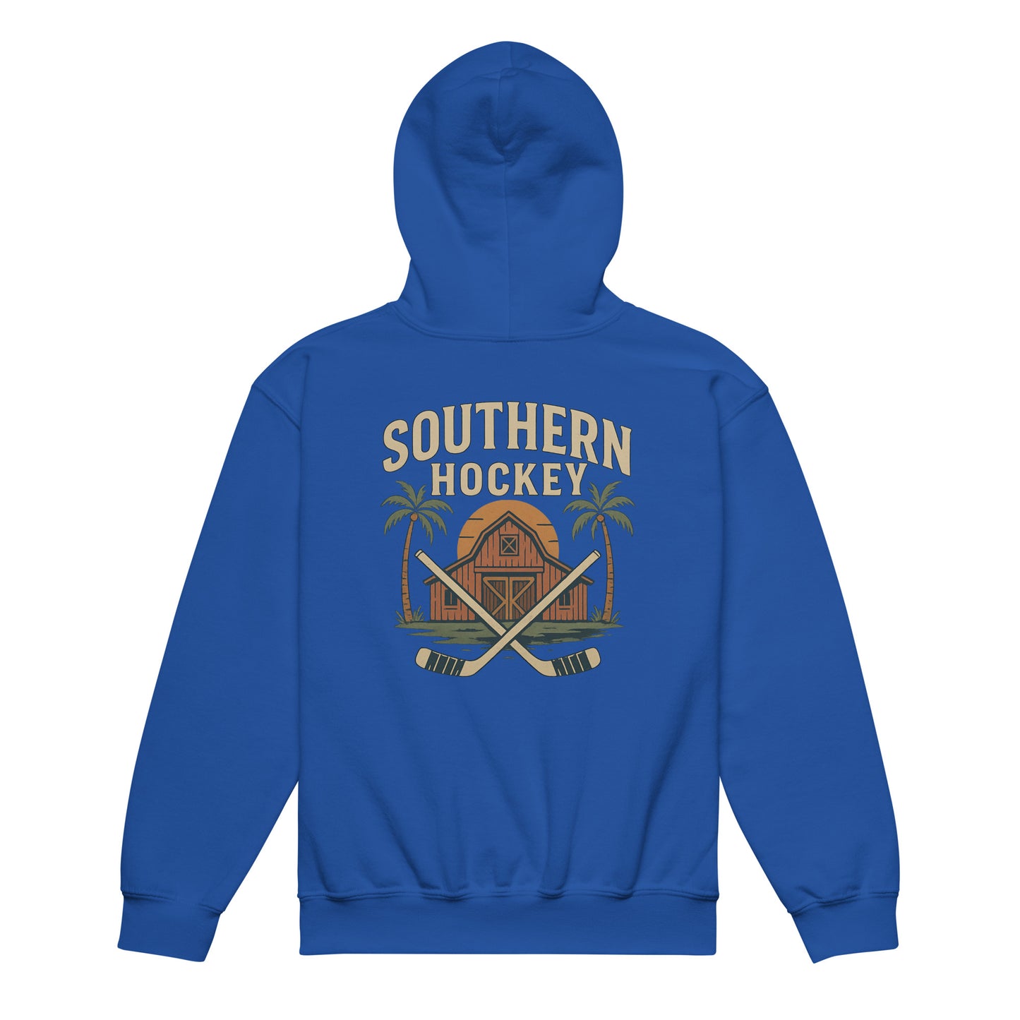 Royal blue youth hockey hoodie back side with Southern Hockey barn graphic, crossed hockey sticks, palm trees, and sunset design