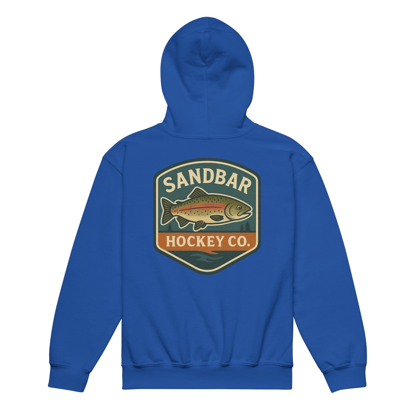 Royal blue youth hockey hoodie back side with large trout badge graphic and Sandbar Hockey Co. text