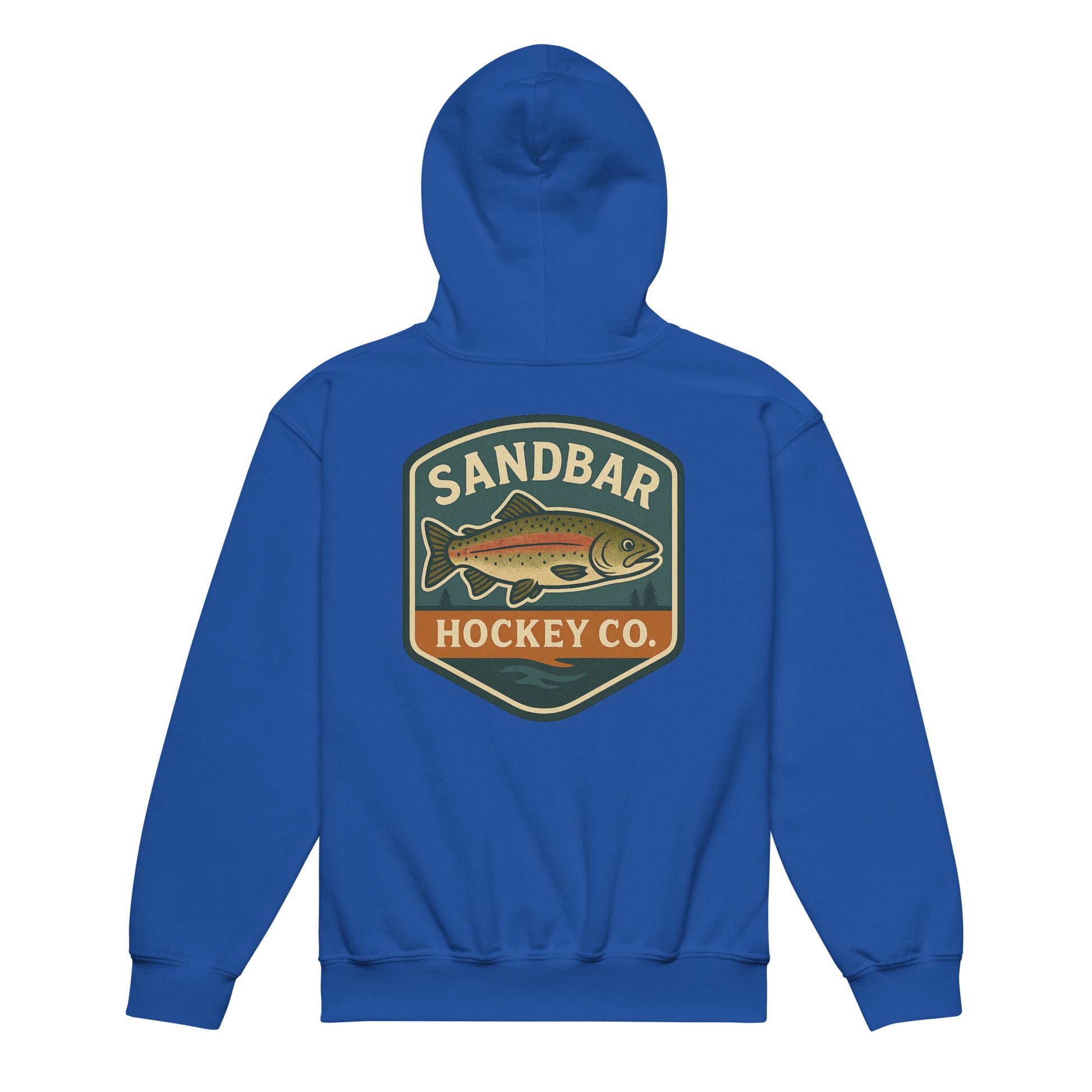 Royal blue youth hockey hoodie back side with large trout badge graphic and Sandbar Hockey Co. text
