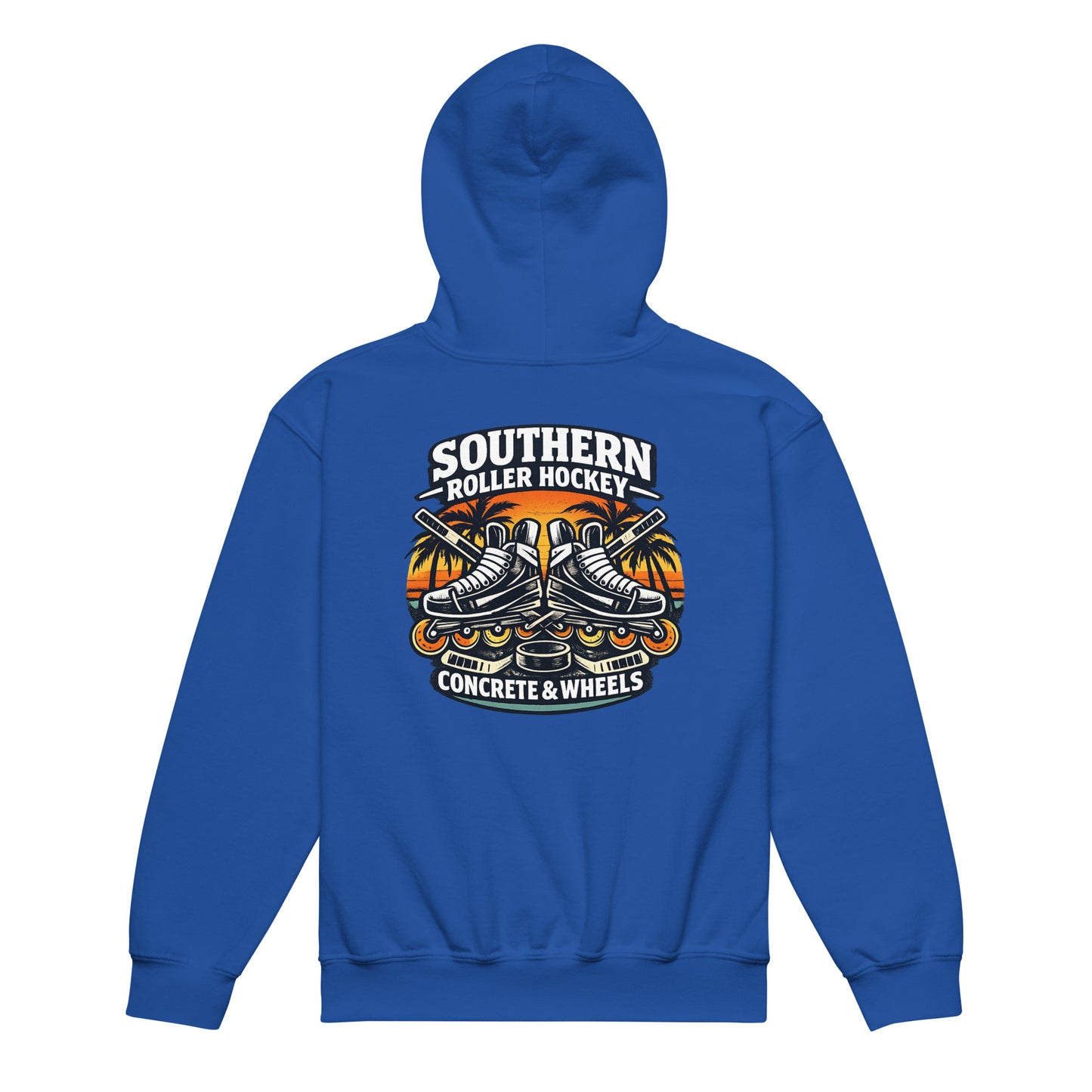 Royal blue youth southern roller hockey hoodie back view with Southern Roller Hockey Concrete & Wheels graphic featuring inline skates, palm trees, sticks, and puck.