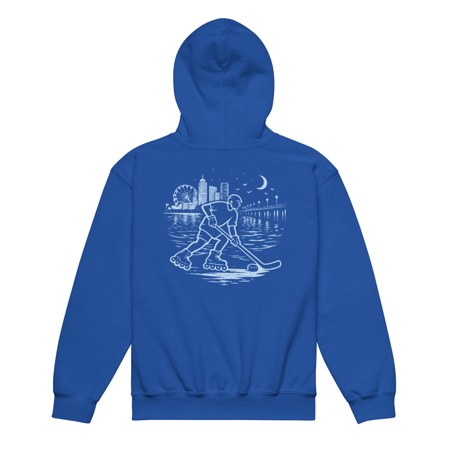 Youth royal blue roller hockey hoodie back view with baby blue waterfront roller hockey graphic featuring a skater, city skyline, ferris wheel, pier, moon, and water reflections.
