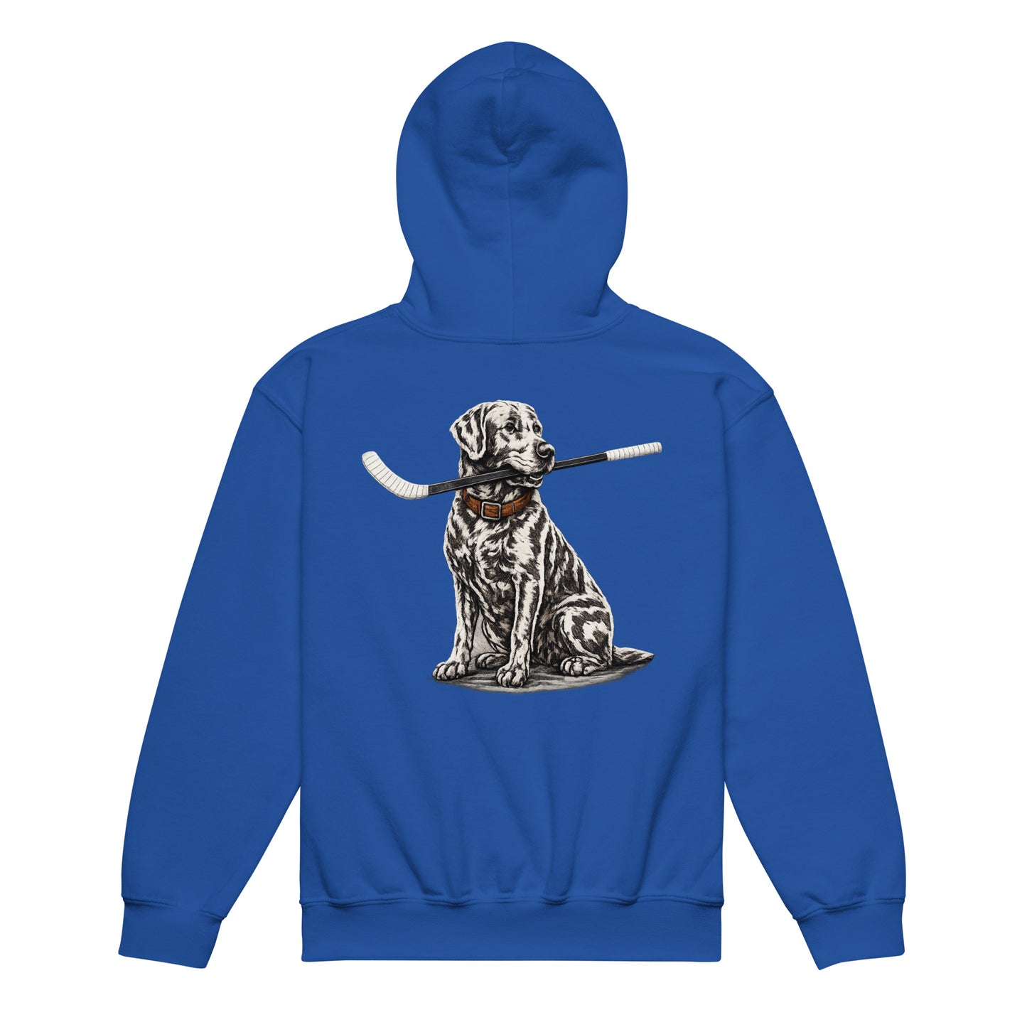 Royal blue youth hockey hoodie shown from the back, featuring the dog graphic holding a hockey stick across the back.