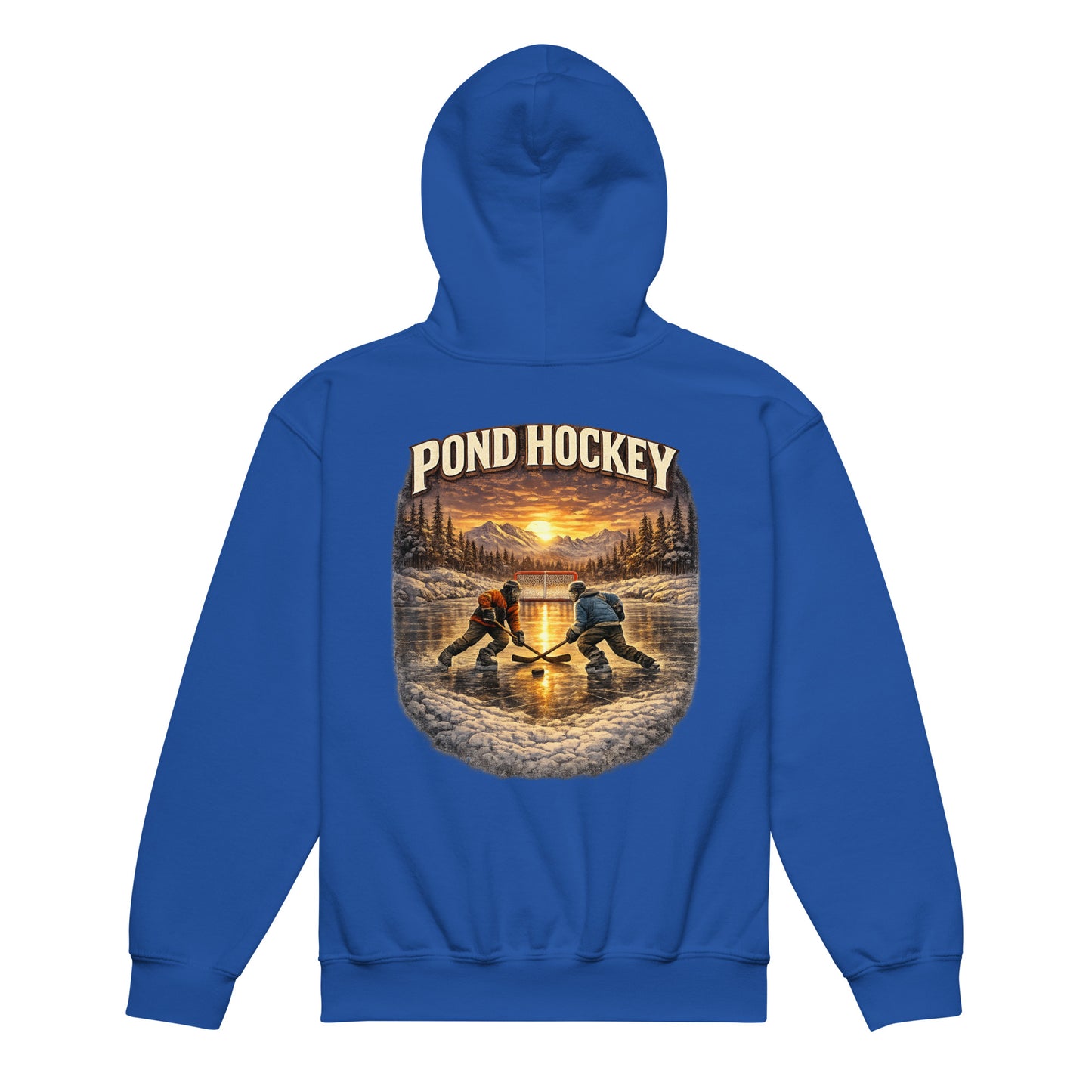 Blue youth hoodie with a large back graphic showing two hockey players on a frozen pond at sunset, with mountains, pine trees, a goal net, and “POND HOCKEY” in bold lettering above.