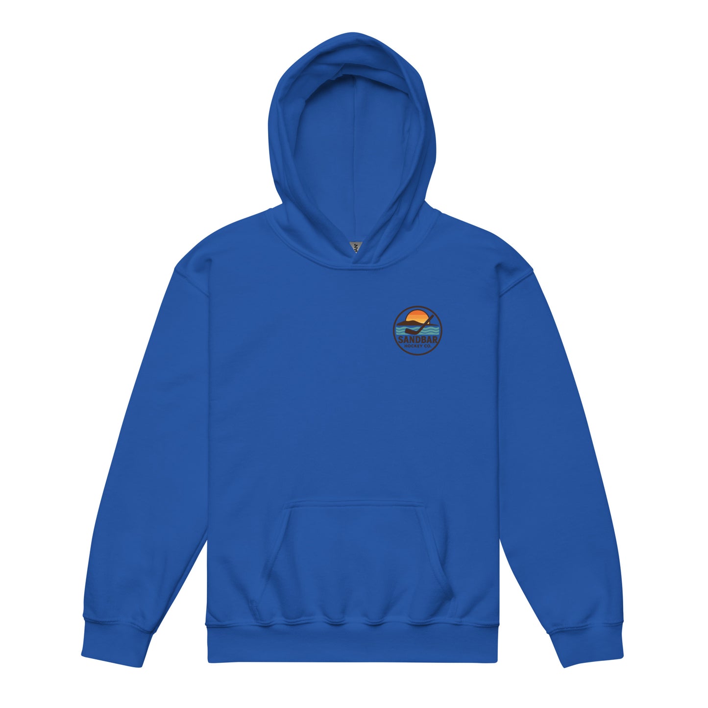 Royal blue youth hockey hoodie front side with small circular Sandbar Hockey Co. sunset, water, island, and hockey stick chest logo