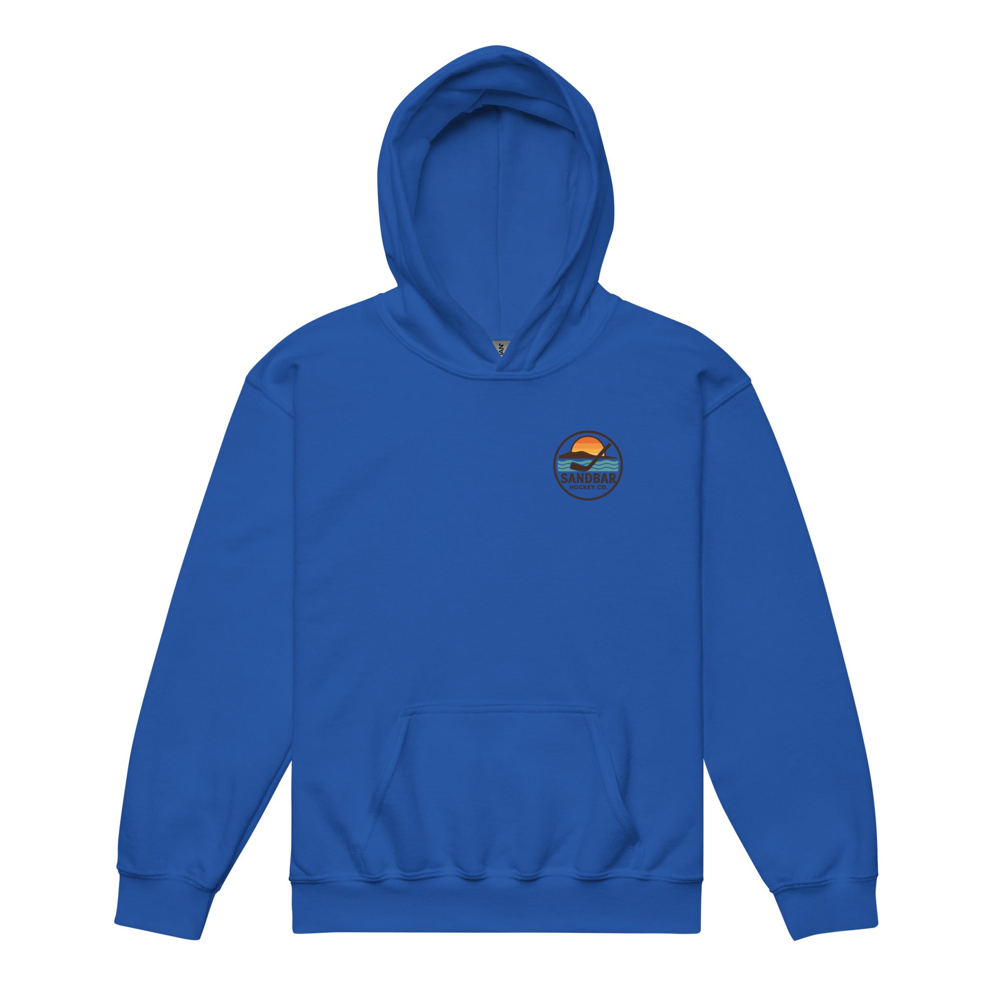 Royal blue youth hockey hoodie front side with small circular Sandbar Hockey Co. sunset, water, island, and hockey stick chest logo