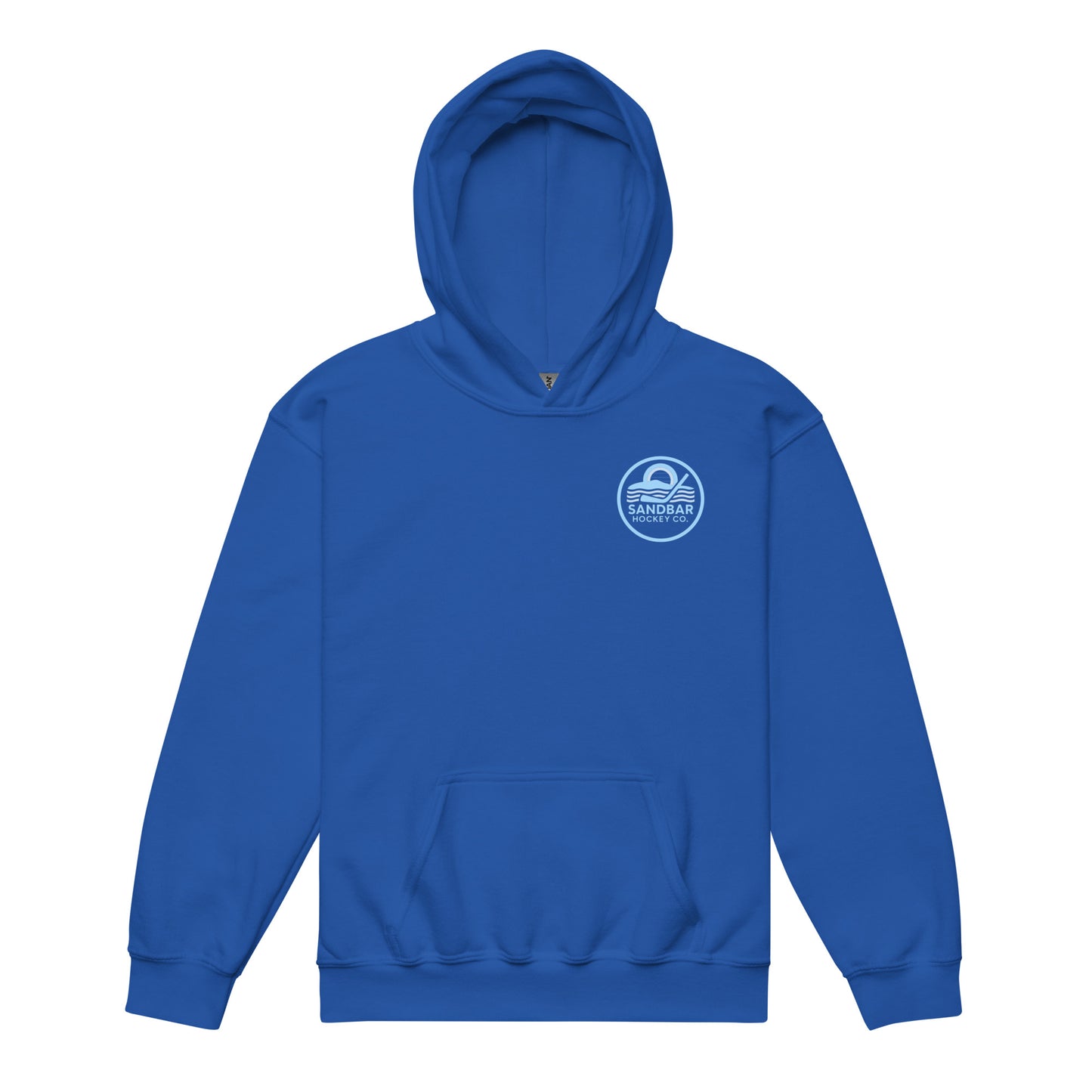 Youth royal blue roller hockey hoodie front view with baby blue Sandbar Hockey Co. chest logo.