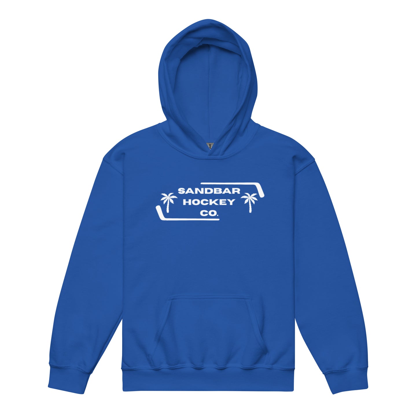 Royal blue Palm Frame Youth Hoodie with white Sandbar Hockey Co. palm frame front logo