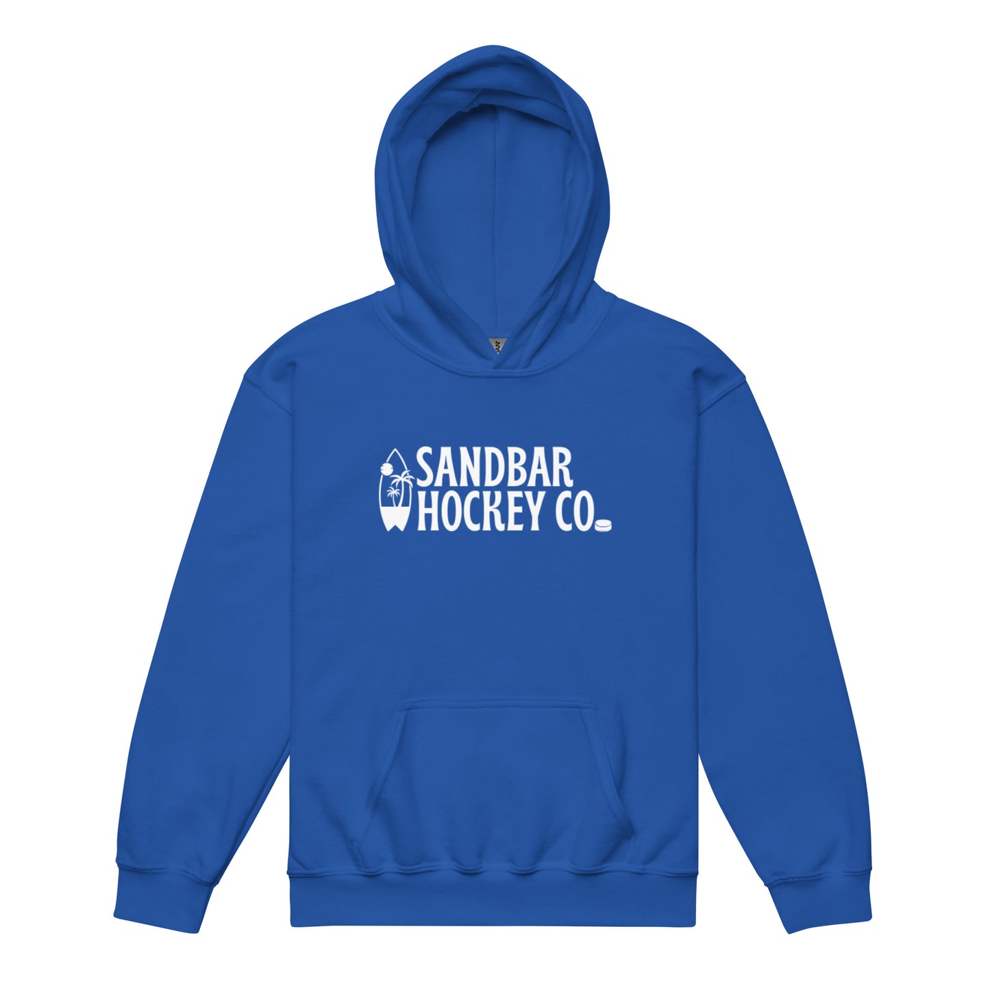 Royal blue youth Surfside Hockey hoodie with white Sandbar Hockey Co. surfboard logo on the front