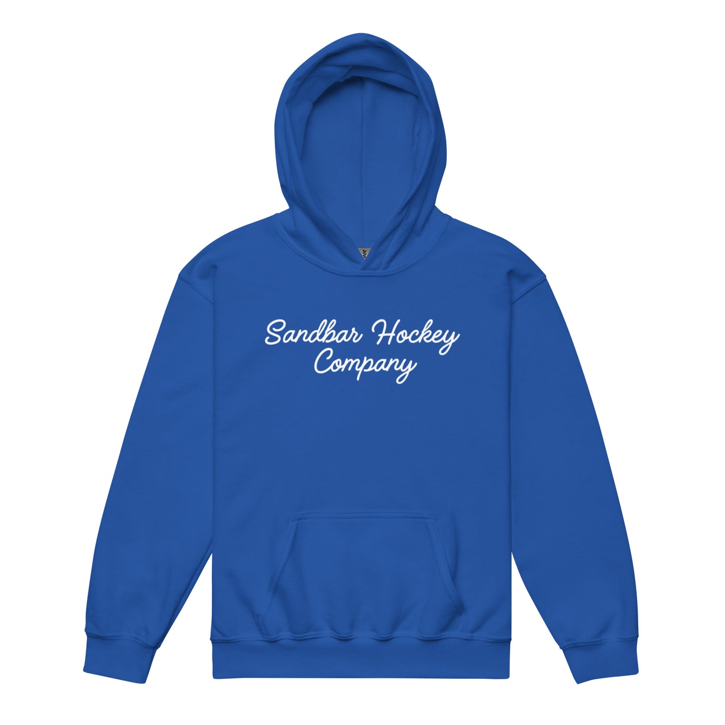 Royal blue youth hockey hoodie shown from the front, featuring a white Sandbar Hockey Company script logo across the chest.