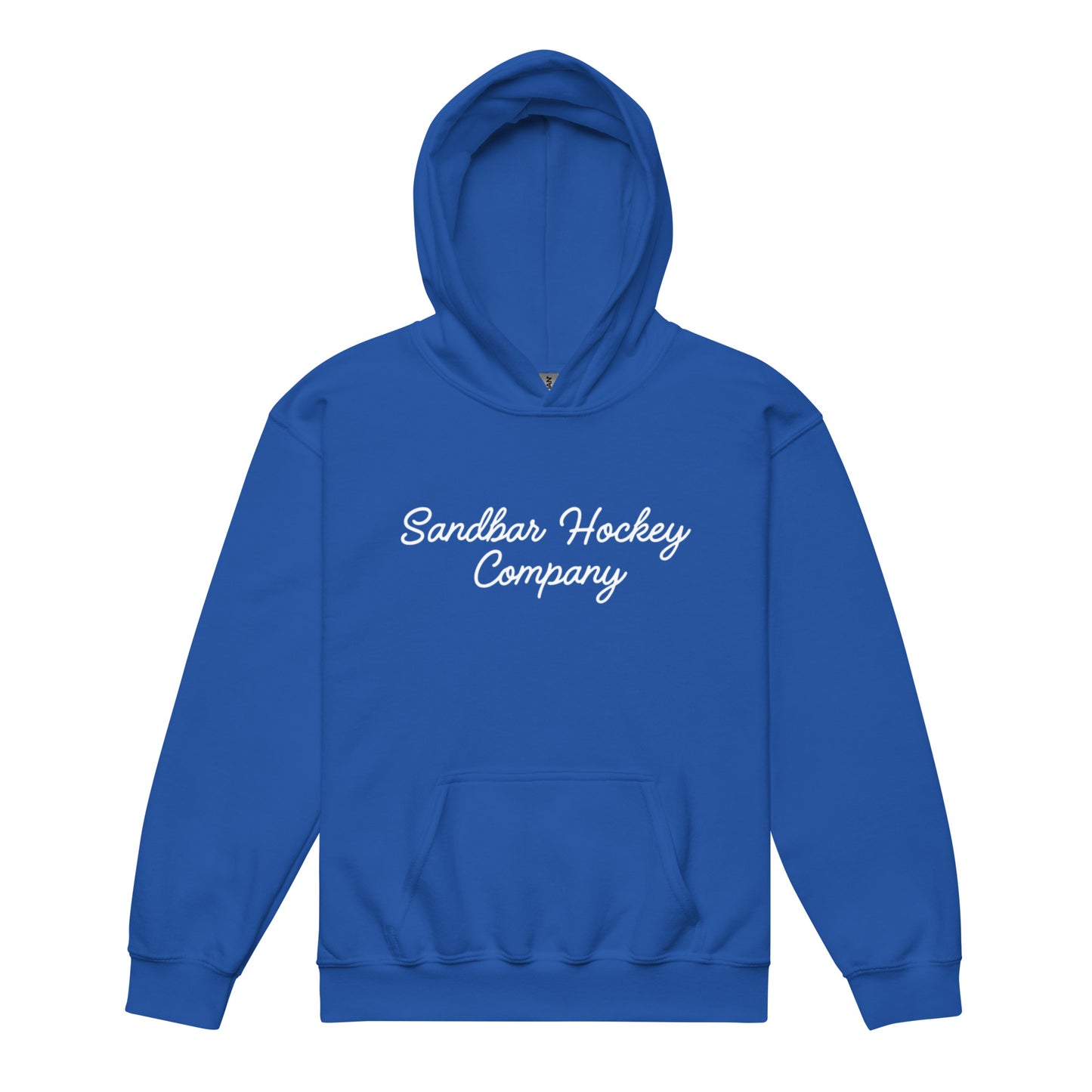 Blue youth hoodie with “Sandbar Hockey Company” printed in white script across the front chest and a front kangaroo pocket.
