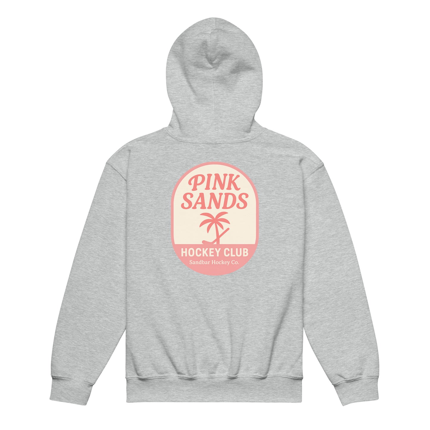 Ash youth hockey hoodie back side with Pink Sands Hockey Club graphic 