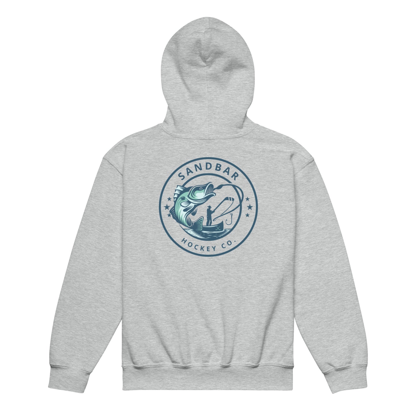 Ash youth fishing hockey hoodie back side with large circular bass fishing logo and fisherman holding hockey stick silhouette