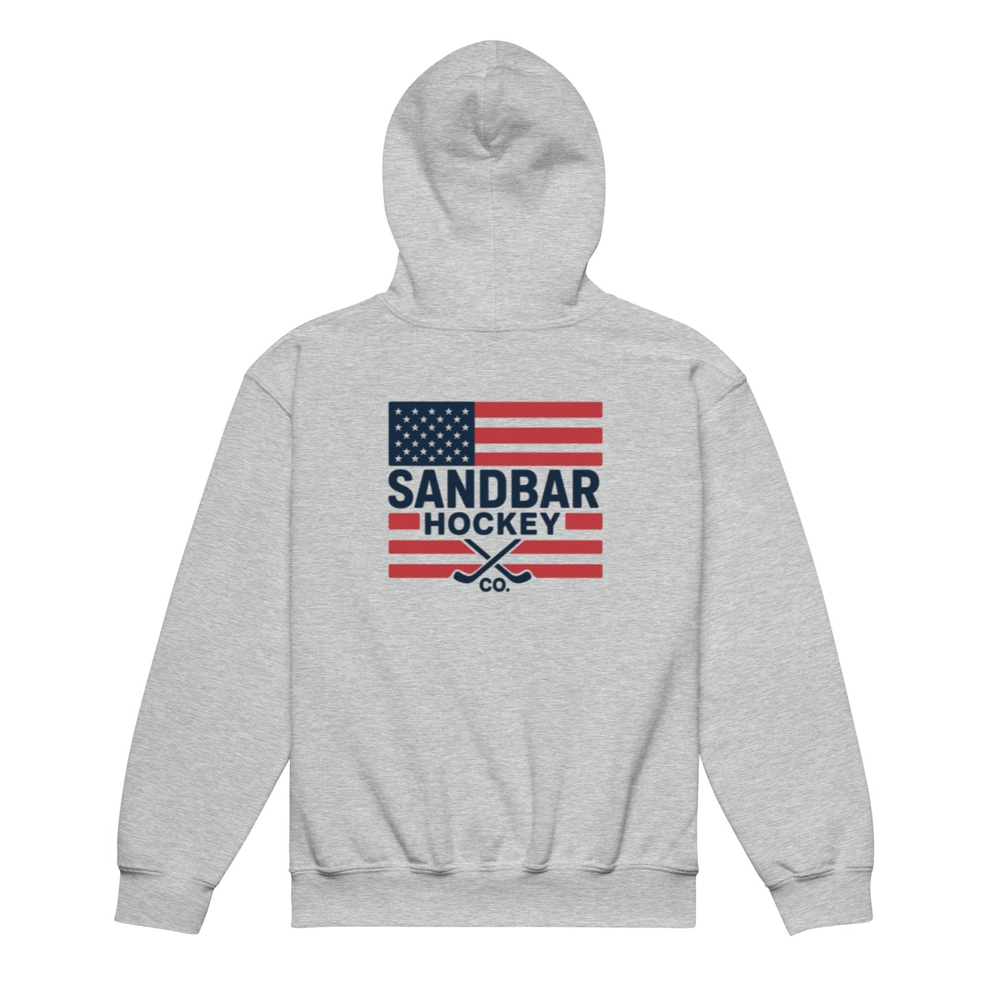 Ash youth hockey hoodie front side with American flag hockey graphic, crossed sticks, and Sandbar Hockey Co. logo