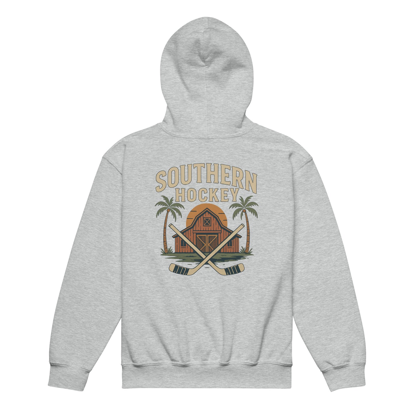 Grey youth hockey hoodie back side with Southern Hockey barn graphic, crossed hockey sticks, palm trees, and sunset design