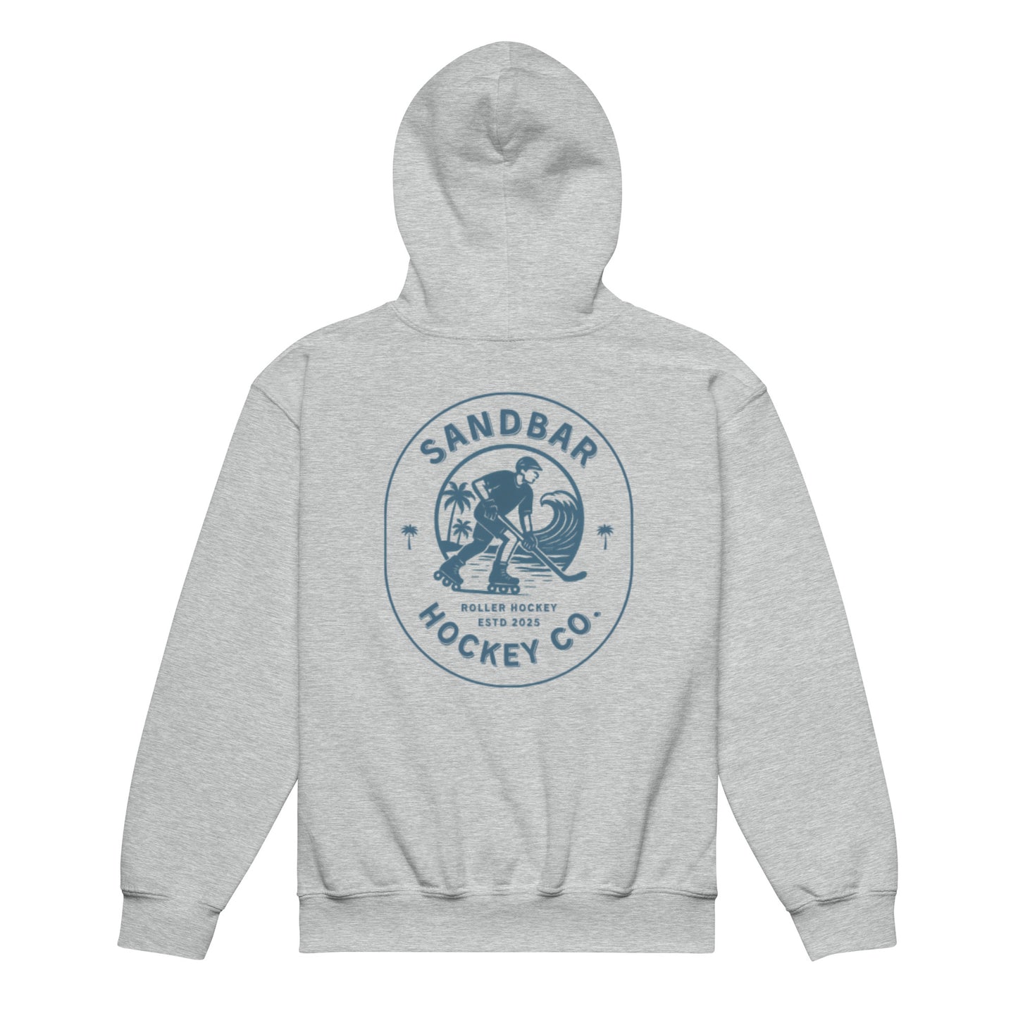 Grey youth roller hockey hoodie back side with large circular roller hockey graphic featuring skater, ocean wave, palm trees, and Sandbar Hockey Co. text