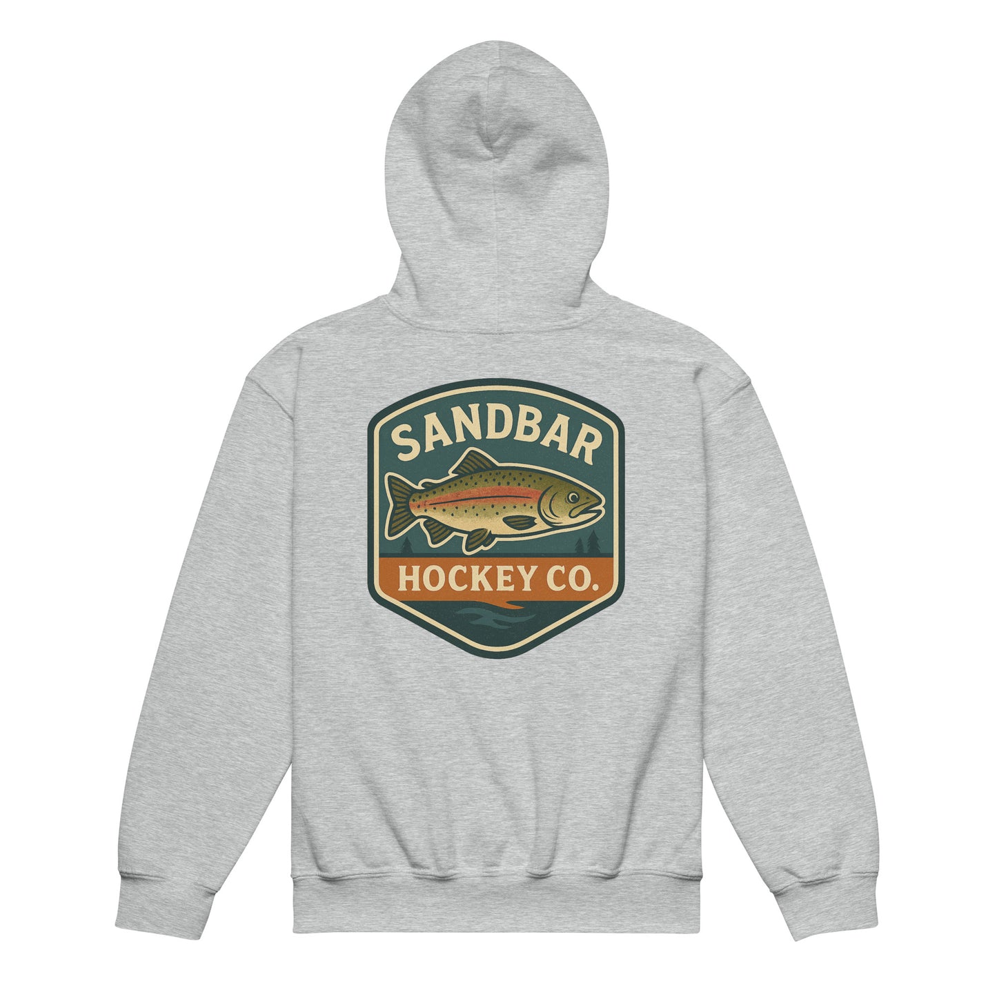 Grey youth hockey hoodie back side with large trout badge graphic and Sandbar Hockey Co. text