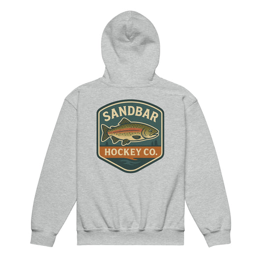 Grey youth hockey hoodie back side with large trout badge graphic and Sandbar Hockey Co. text