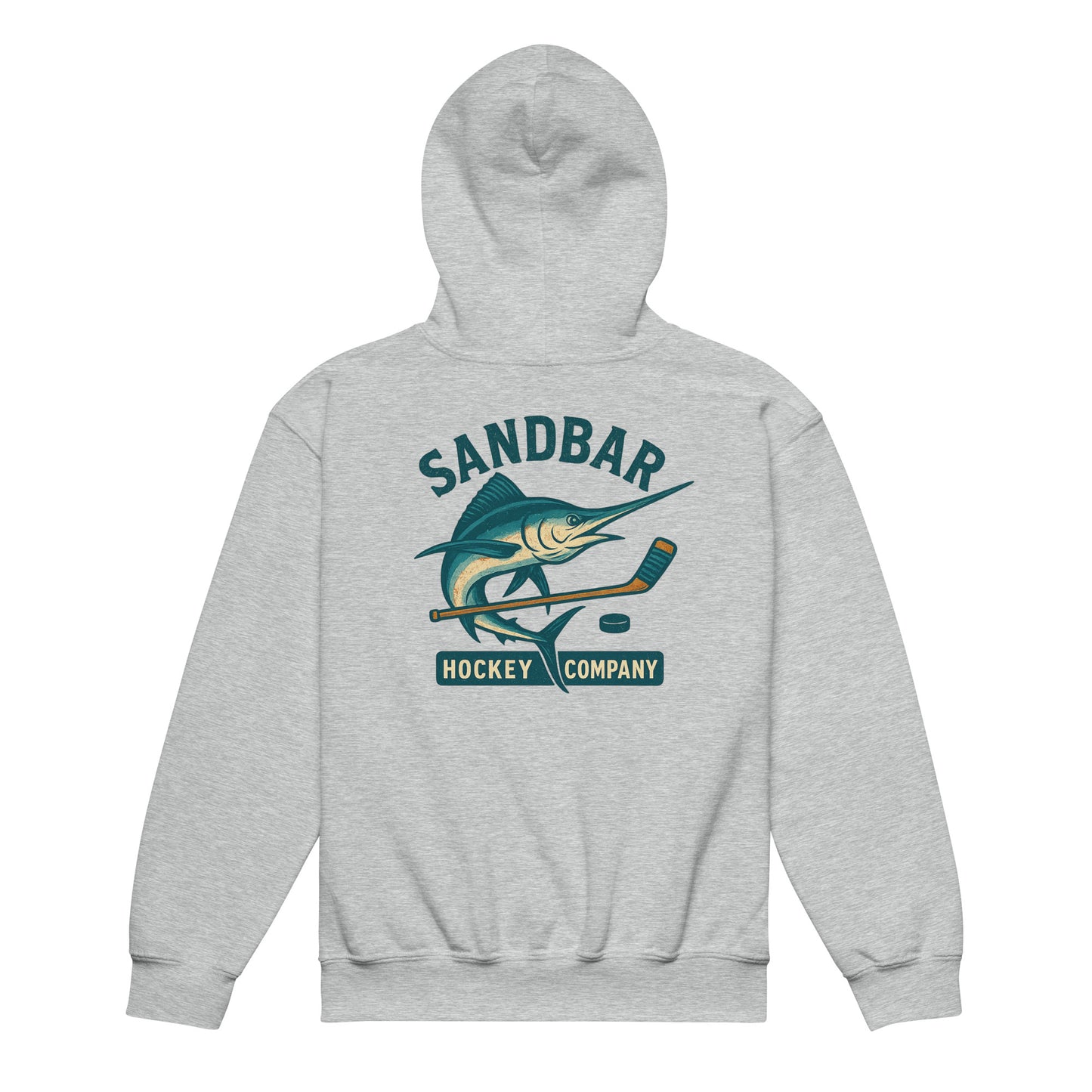 Grey youth hockey hoodie back side with large marlin, hockey stick, and puck graphic with Sandbar Hockey Company text