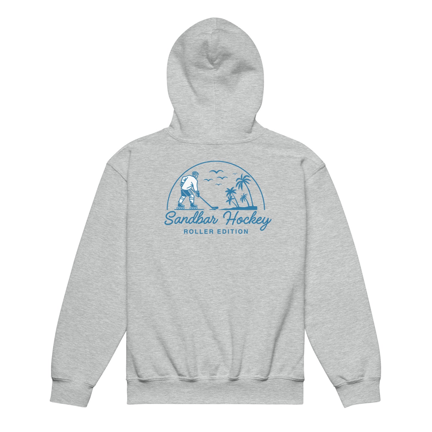 Heather gray youth roller hockey hoodie back view with Sandbar Hockey Roller Edition graphic across the back.