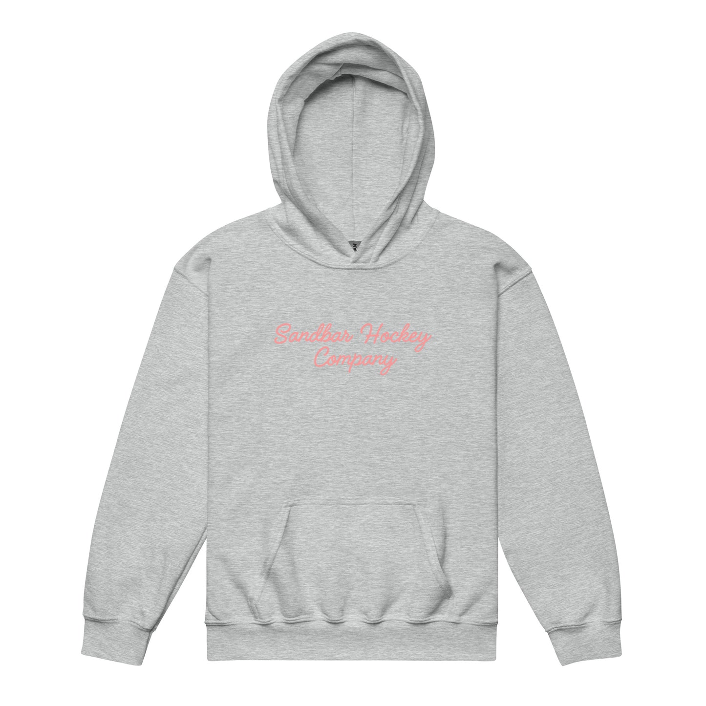 Ash youth hockey hoodie front side with pink Sandbar Hockey Company cursive logo
