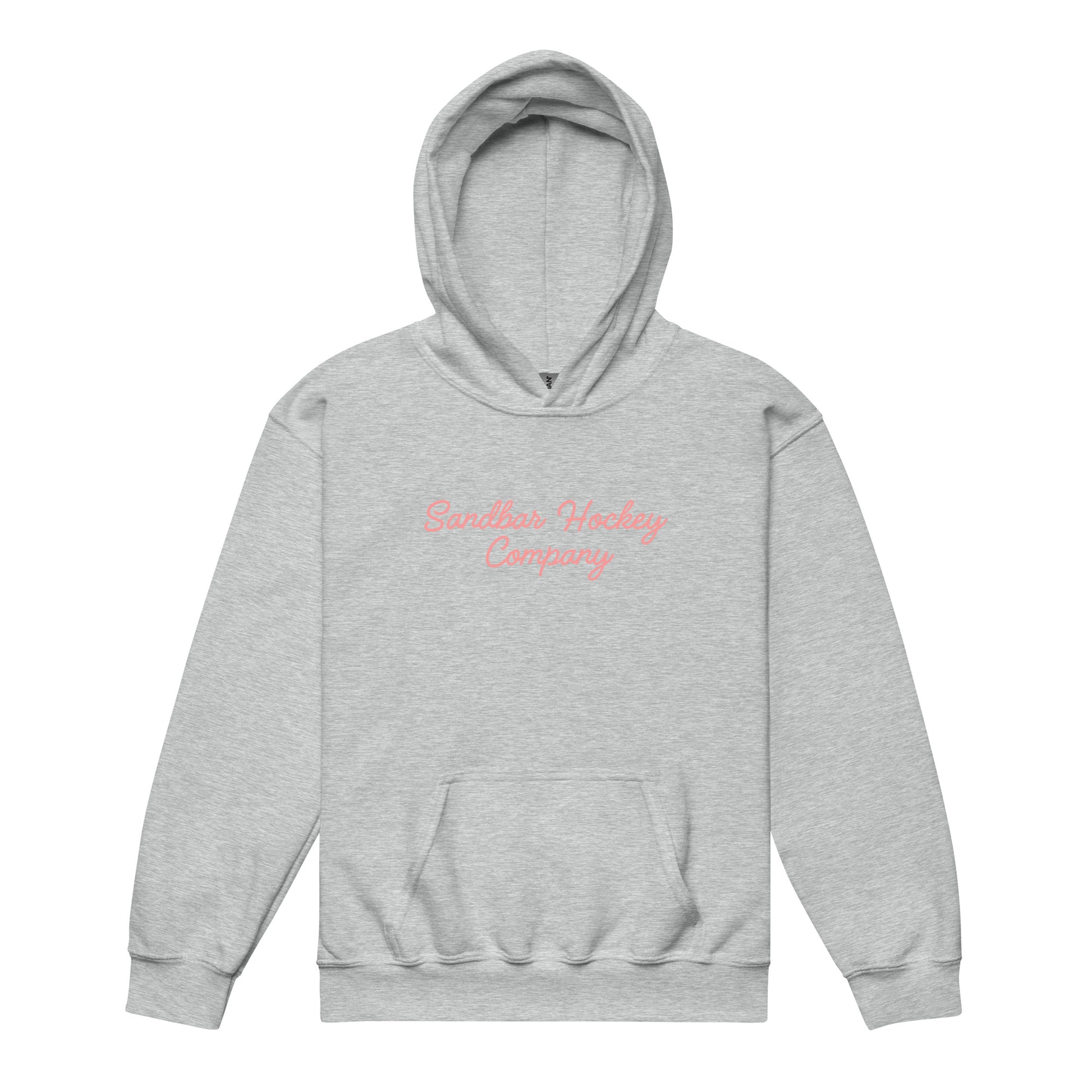 Ash youth hockey hoodie front side with pink Sandbar Hockey Company cursive logo