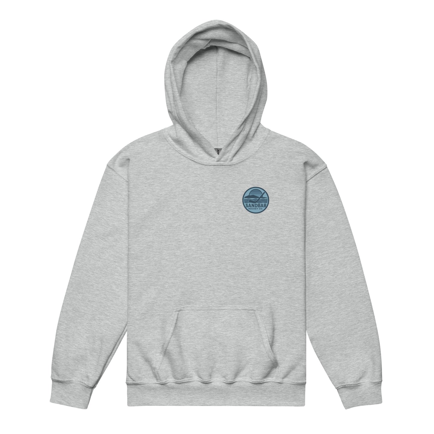 Ash youth fishing hockey hoodie front side with small blue Sandbar Hockey logo