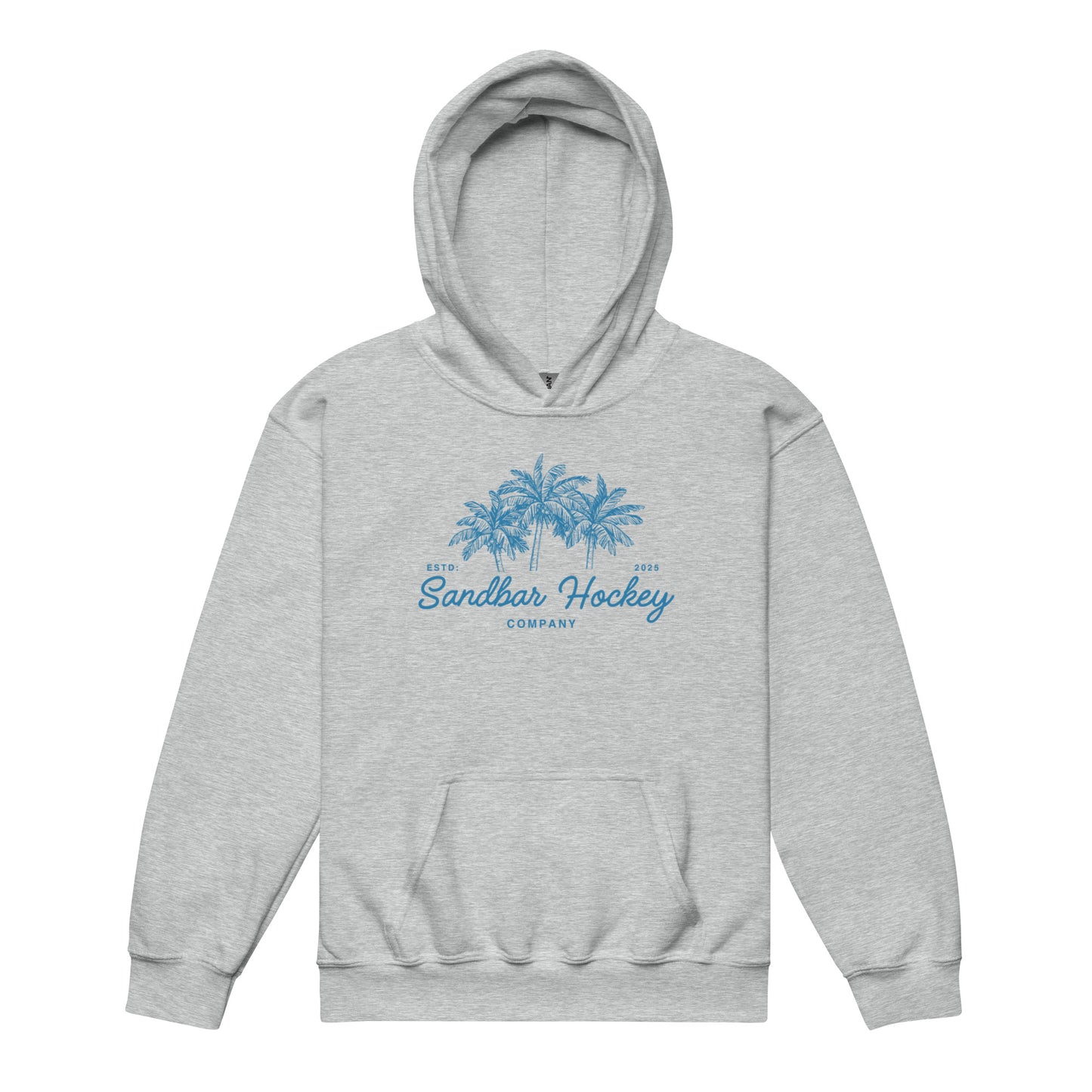 Ash youth hockey hoodie front side with blue palm tree graphic and Sandbar Hockey Company cursive logo