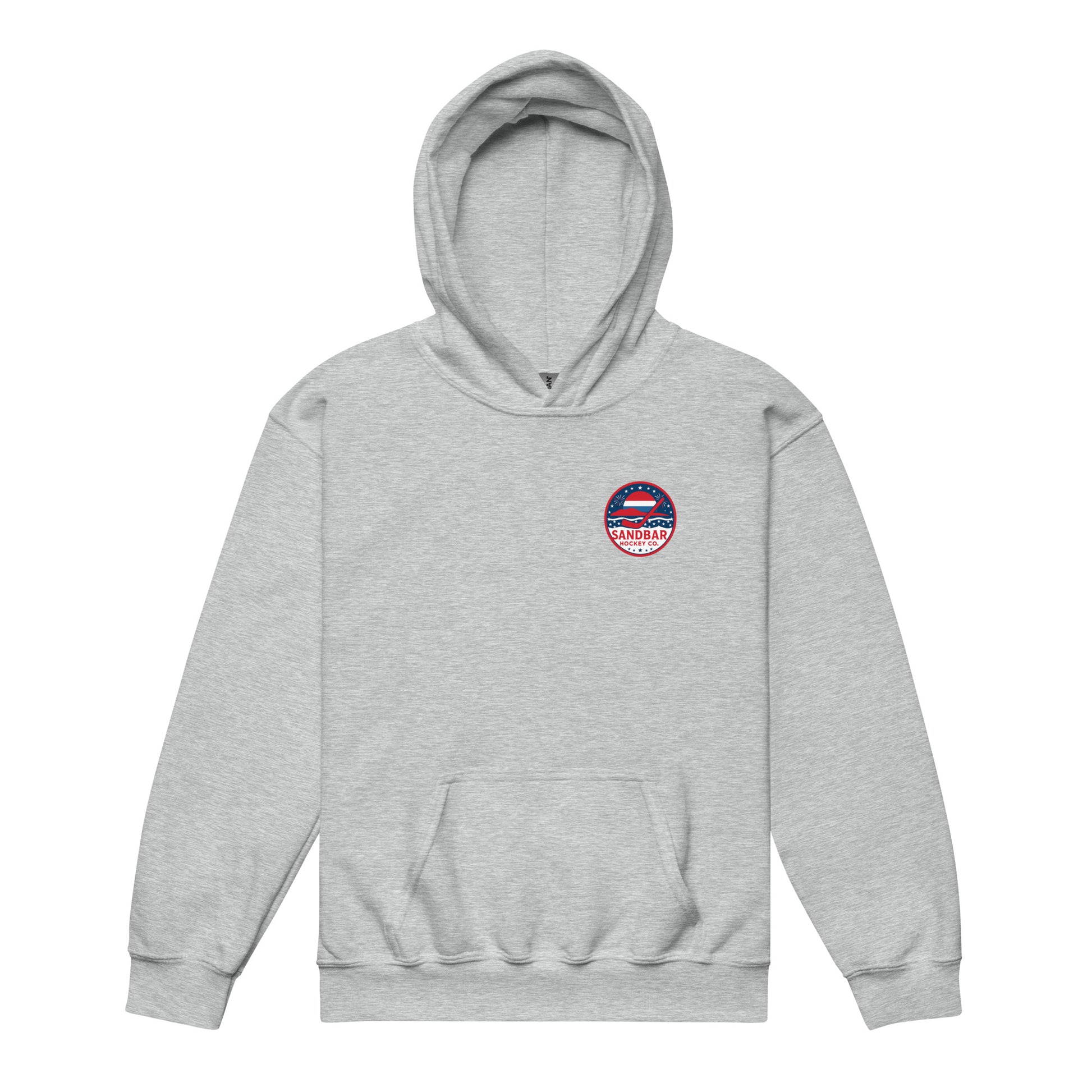 Ash youth hockey hoodie front side with small circular patriotic Sandbar Hockey chest logo