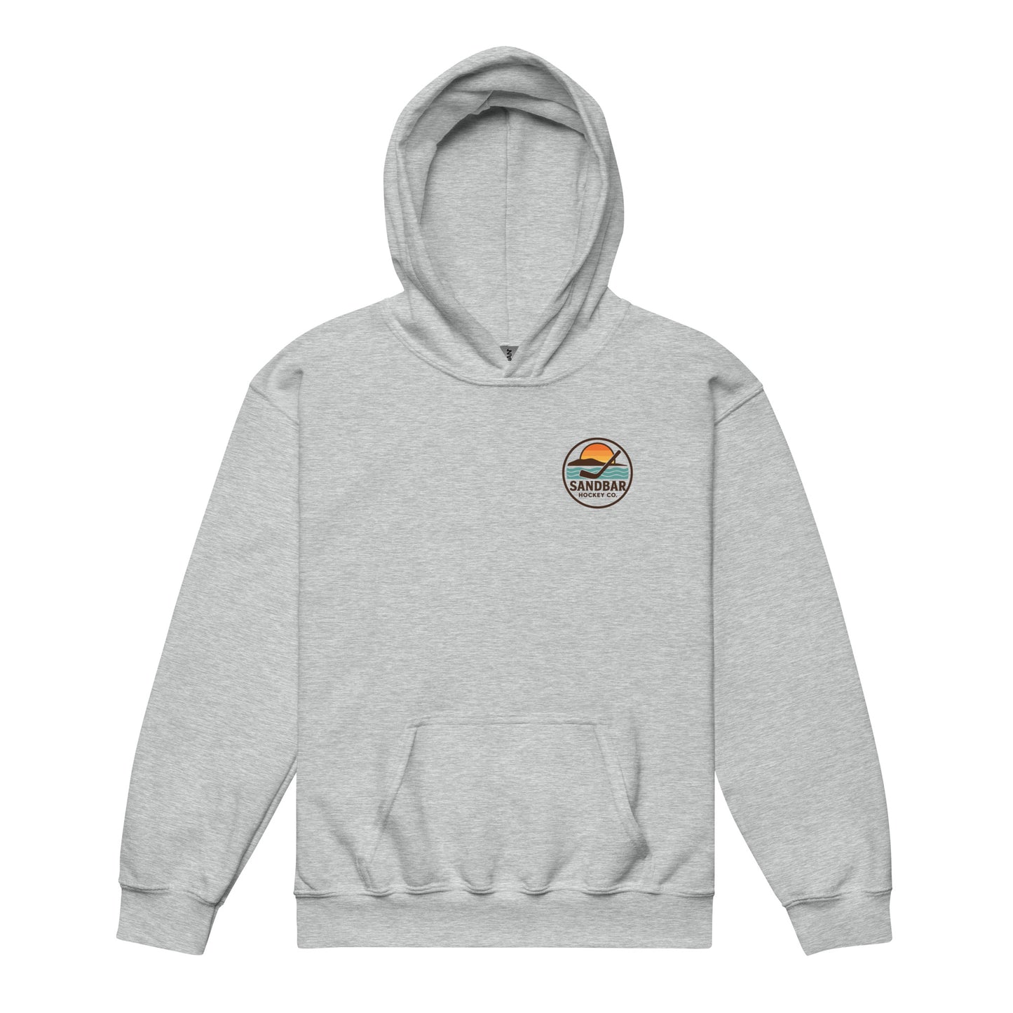 Grey youth hockey hoodie front side with small circular Sandbar Hockey Co. sunset, water, island, and hockey stick chest logo