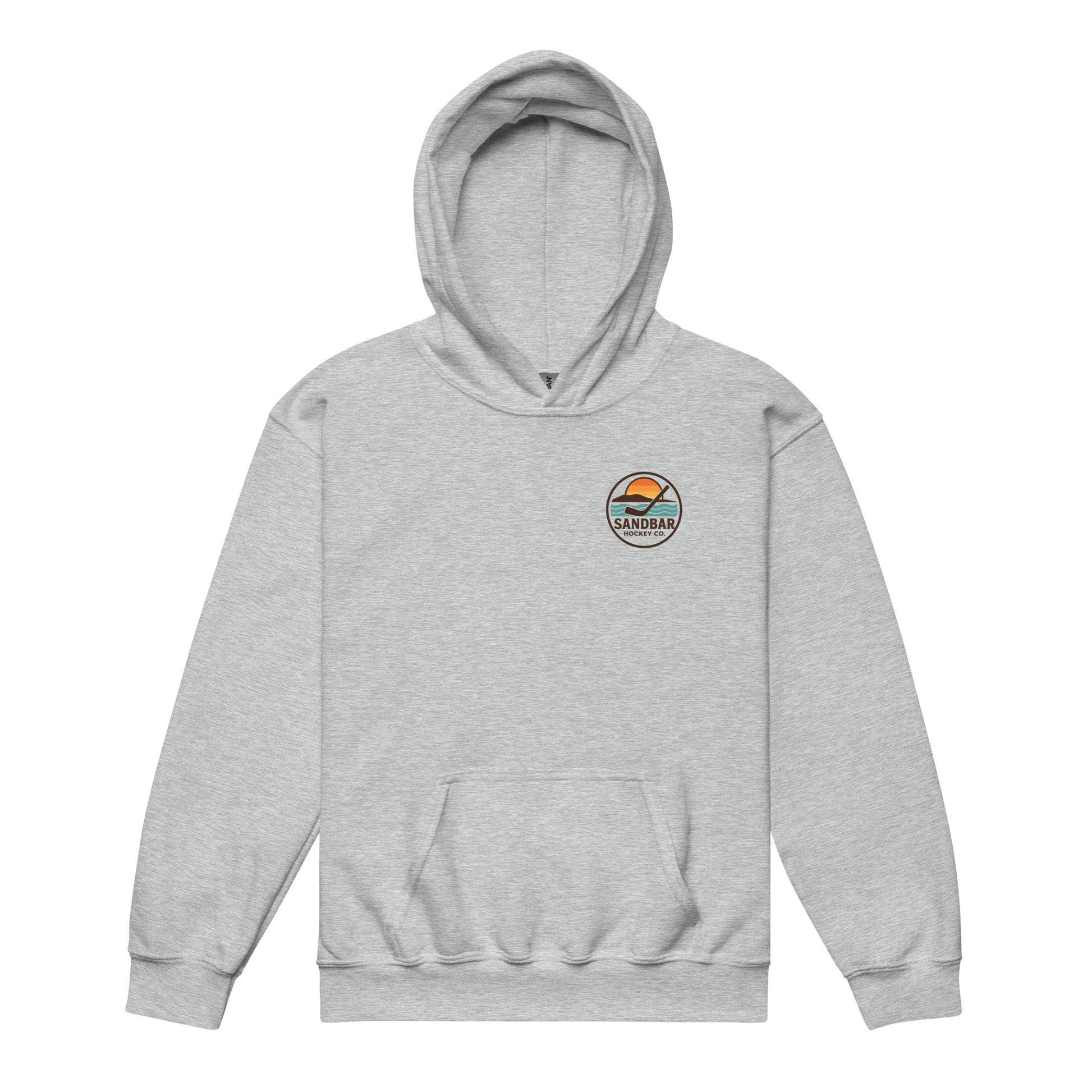 Grey youth hockey hoodie front side with small circular Sandbar Hockey Co. sunset, water, island, and hockey stick chest logo