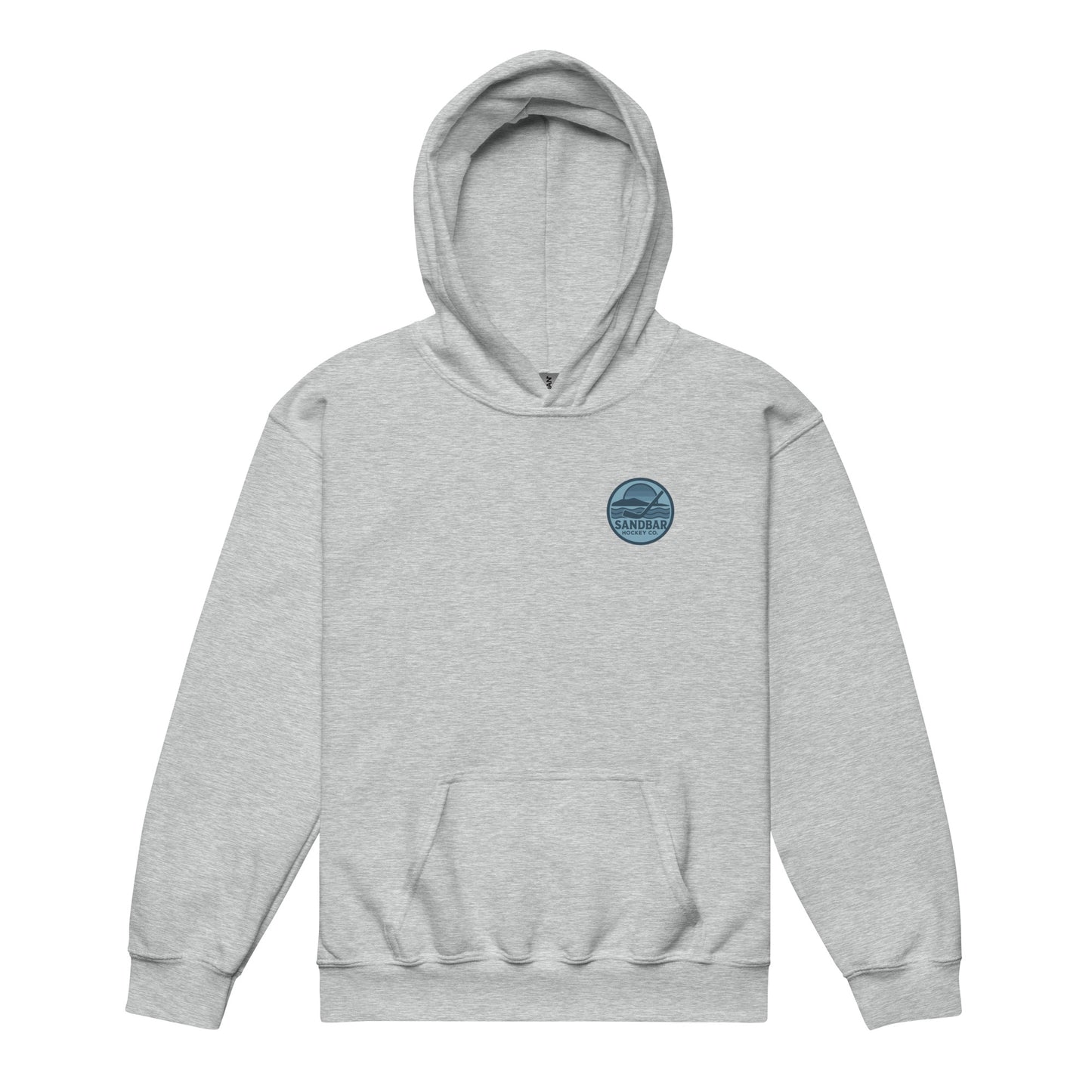 Grey youth roller hockey hoodie front side with small circular Sandbar Hockey Co. sunset, water, island, and hockey stick chest logo