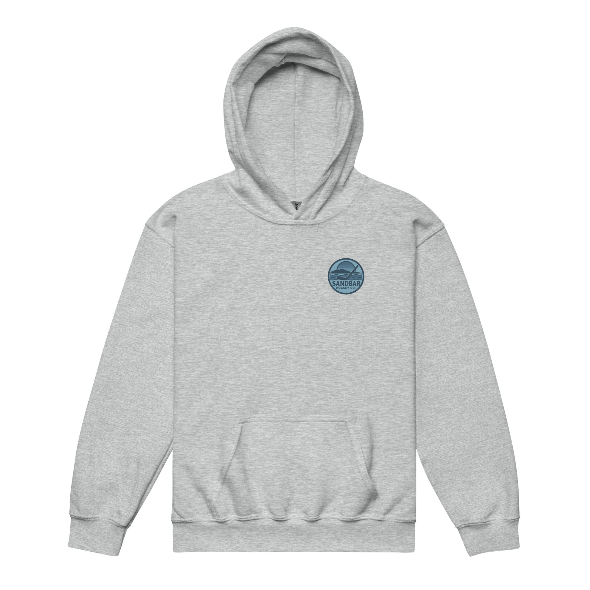 Grey youth roller hockey hoodie front side with small circular Sandbar Hockey Co. sunset, water, island, and hockey stick chest logo