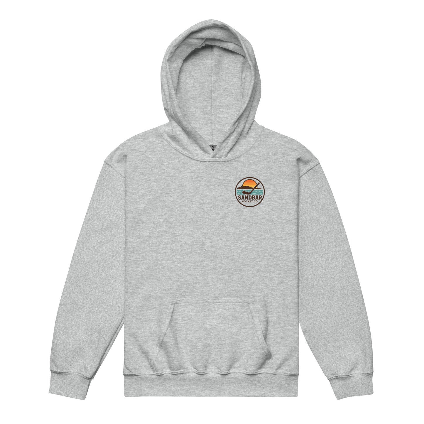 Grey youth hockey hoodie front side with small circular Sandbar Hockey Co. sunset, water, island, and hockey stick chest logo
