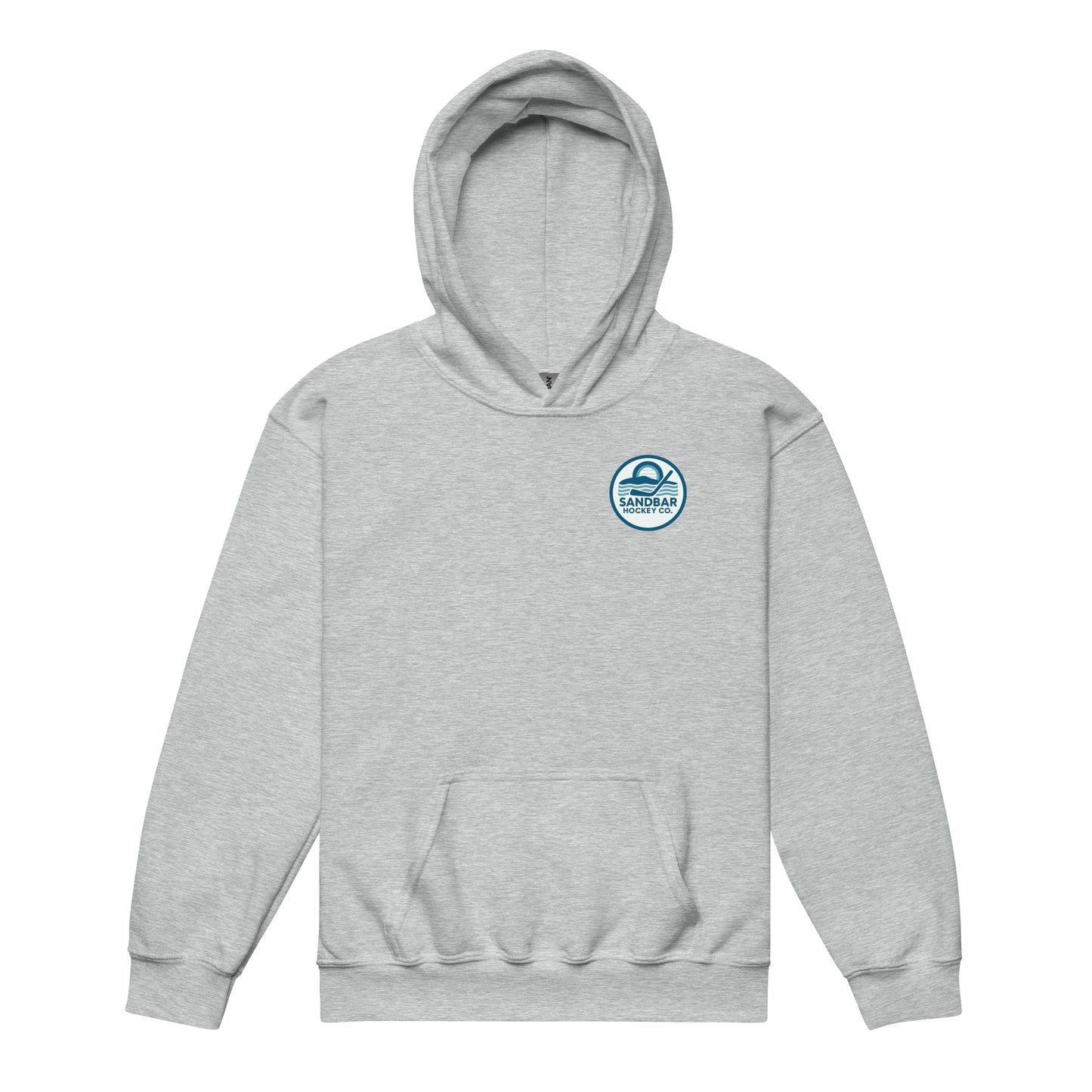 Grey youth hockey hoodie front side with small circular Sandbar Hockey Co. chest logo featuring sunset, water, and hockey stick