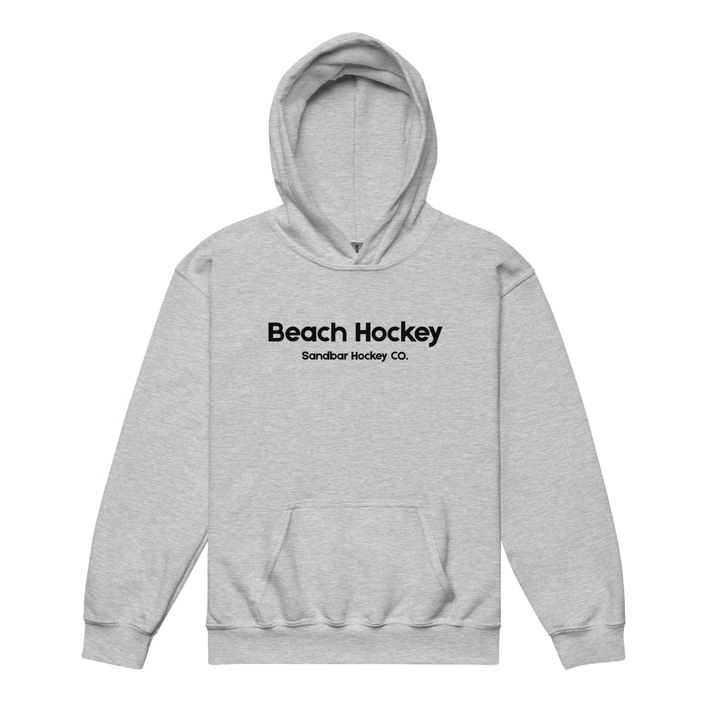 Heather gray youth beach hockey hoodie front view with Beach Hockey Sandbar Hockey Co. text on the chest.