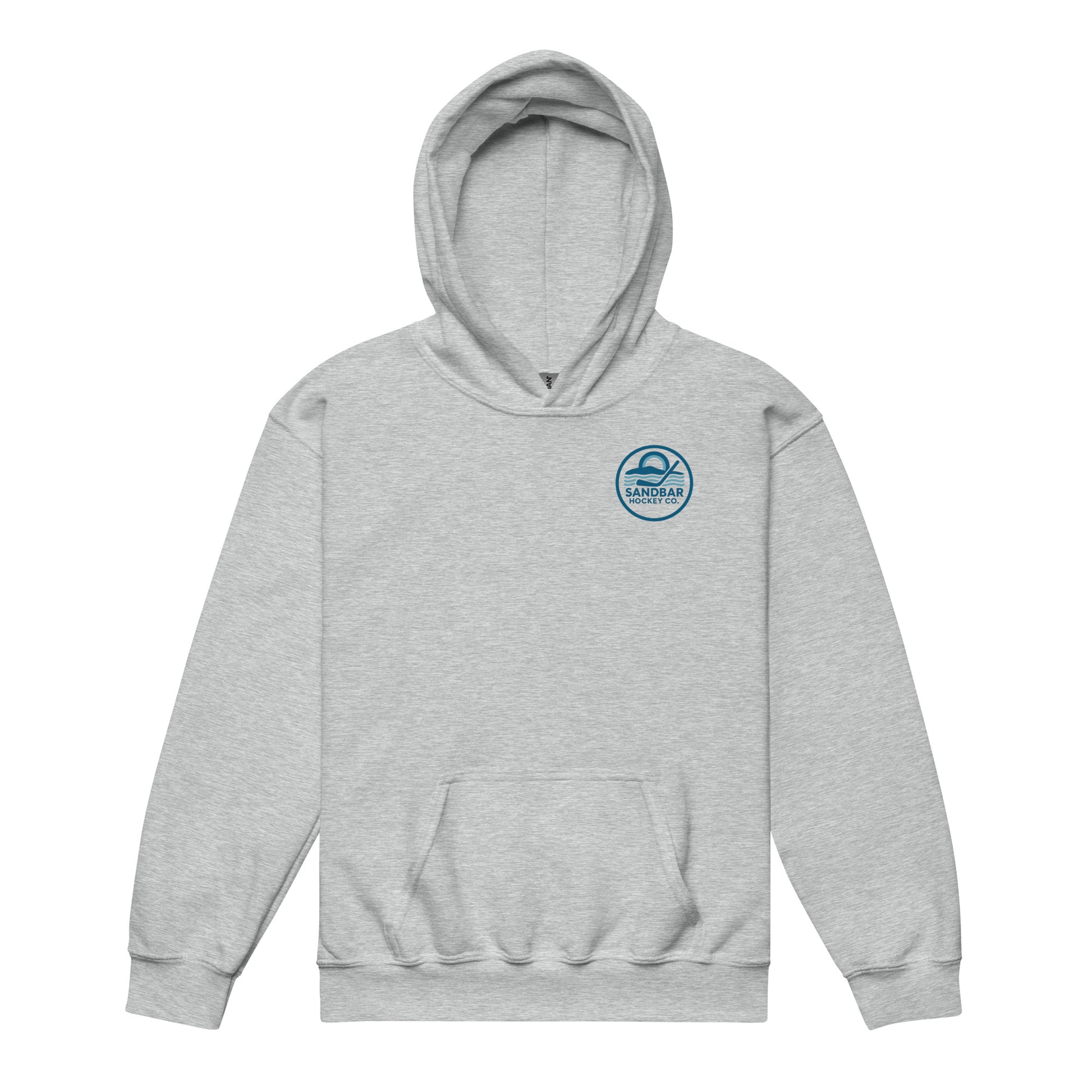 Heather gray youth roller hockey hoodie front view with small circular Sandbar Hockey Co. logo on the left chest.