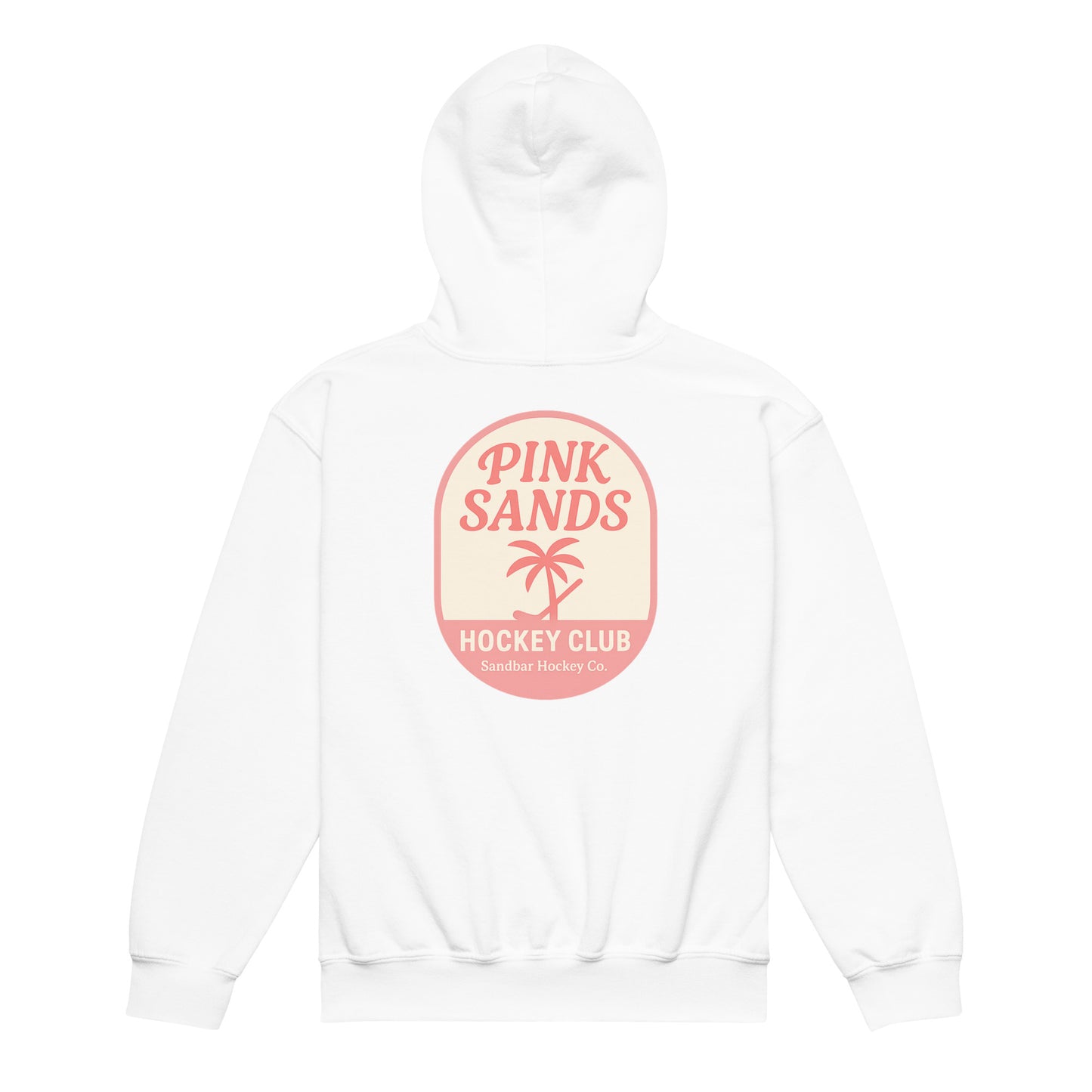 White youth hockey hoodie back side with Pink Sands Hockey Club graphic