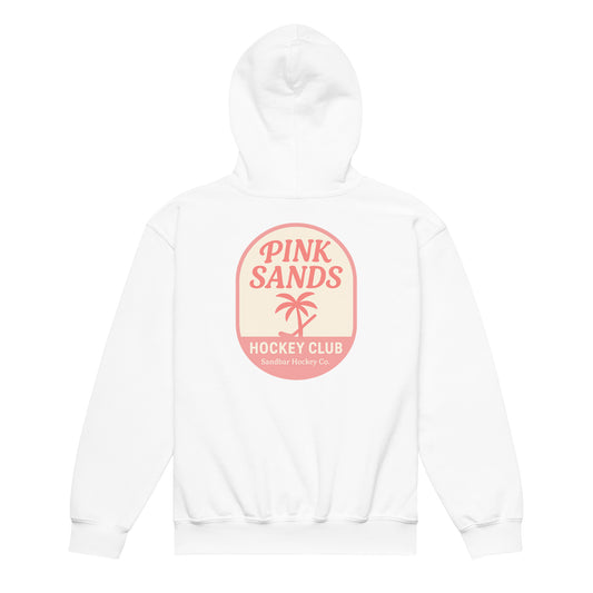 White youth hockey hoodie back side with Pink Sands Hockey Club graphic
