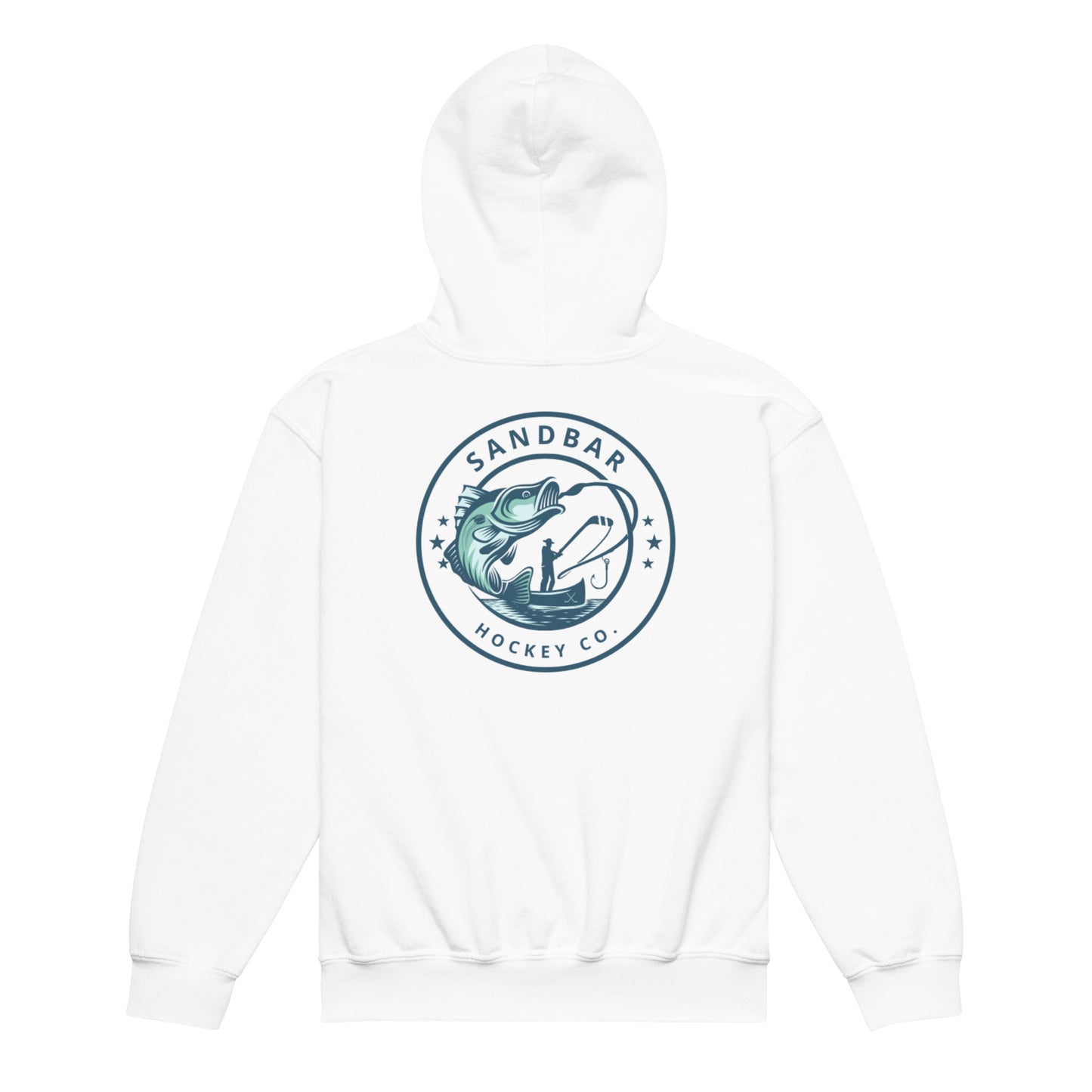 White youth fishing hockey hoodie back side with large circular bass fishing logo and fisherman holding hockey stick silhouette