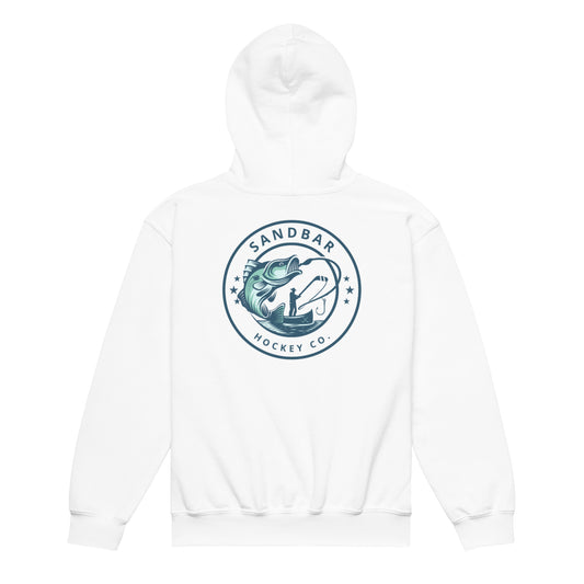 White youth fishing hockey hoodie back side with large circular bass fishing logo and fisherman holding hockey stick silhouette