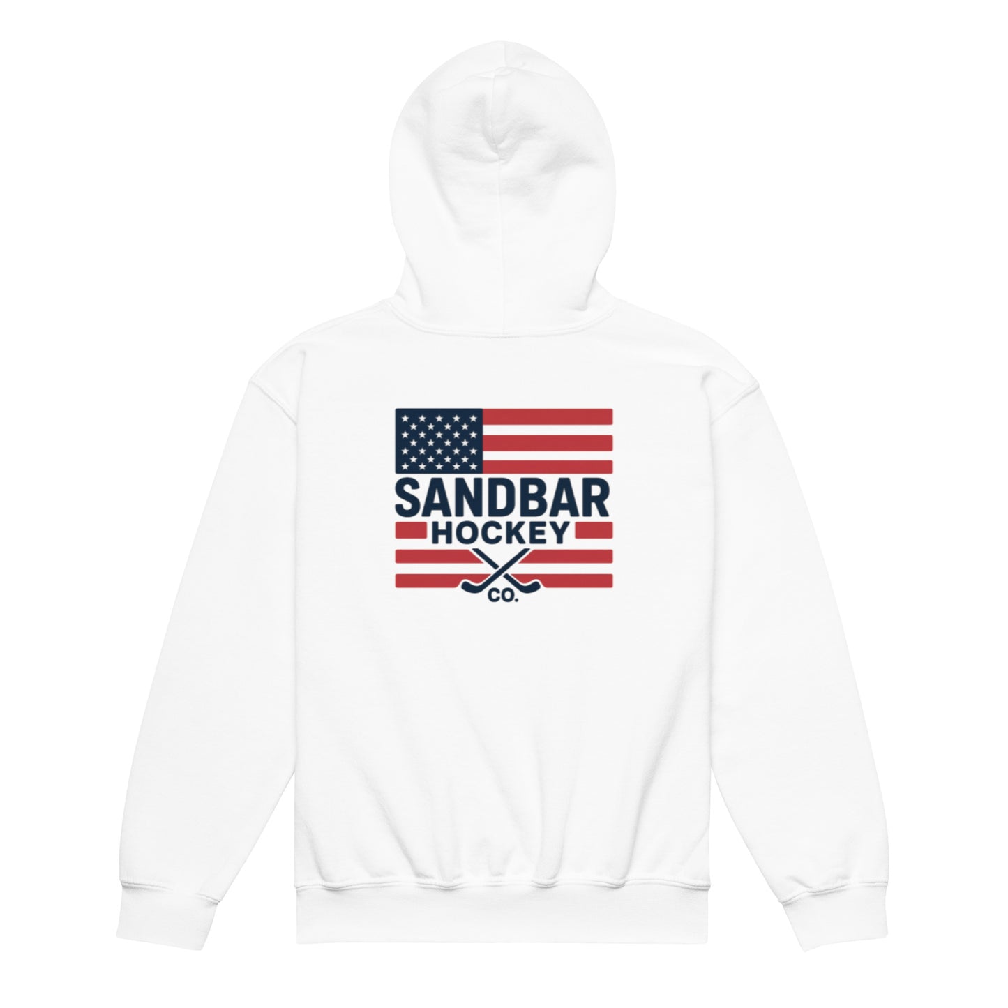 White youth hockey hoodie front side with American flag hockey graphic, crossed sticks, and Sandbar Hockey Co. logo