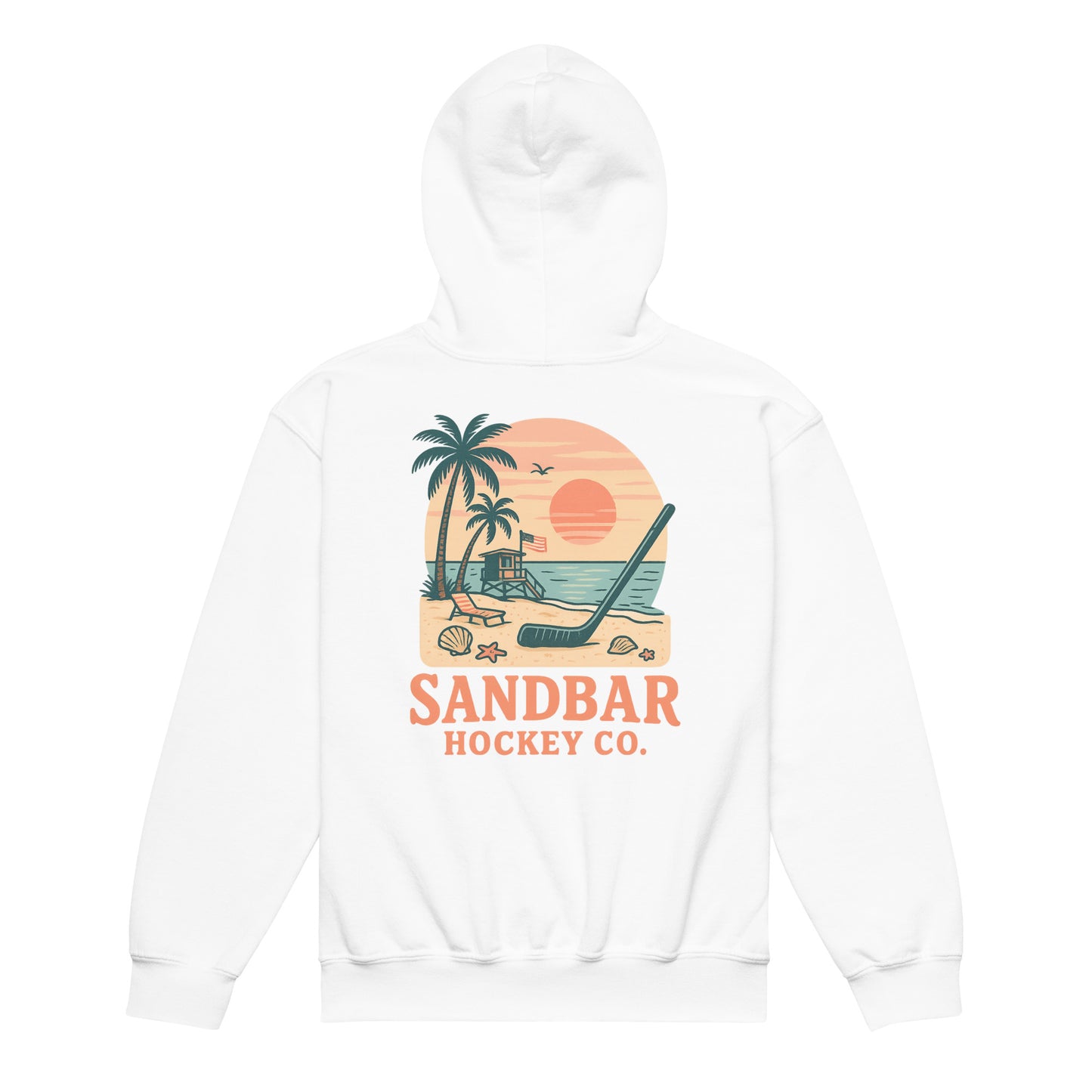 White youth hockey hoodie back side with beach sunset graphic, palm trees, lifeguard stand, hockey stick, and Sandbar Hockey Co. text