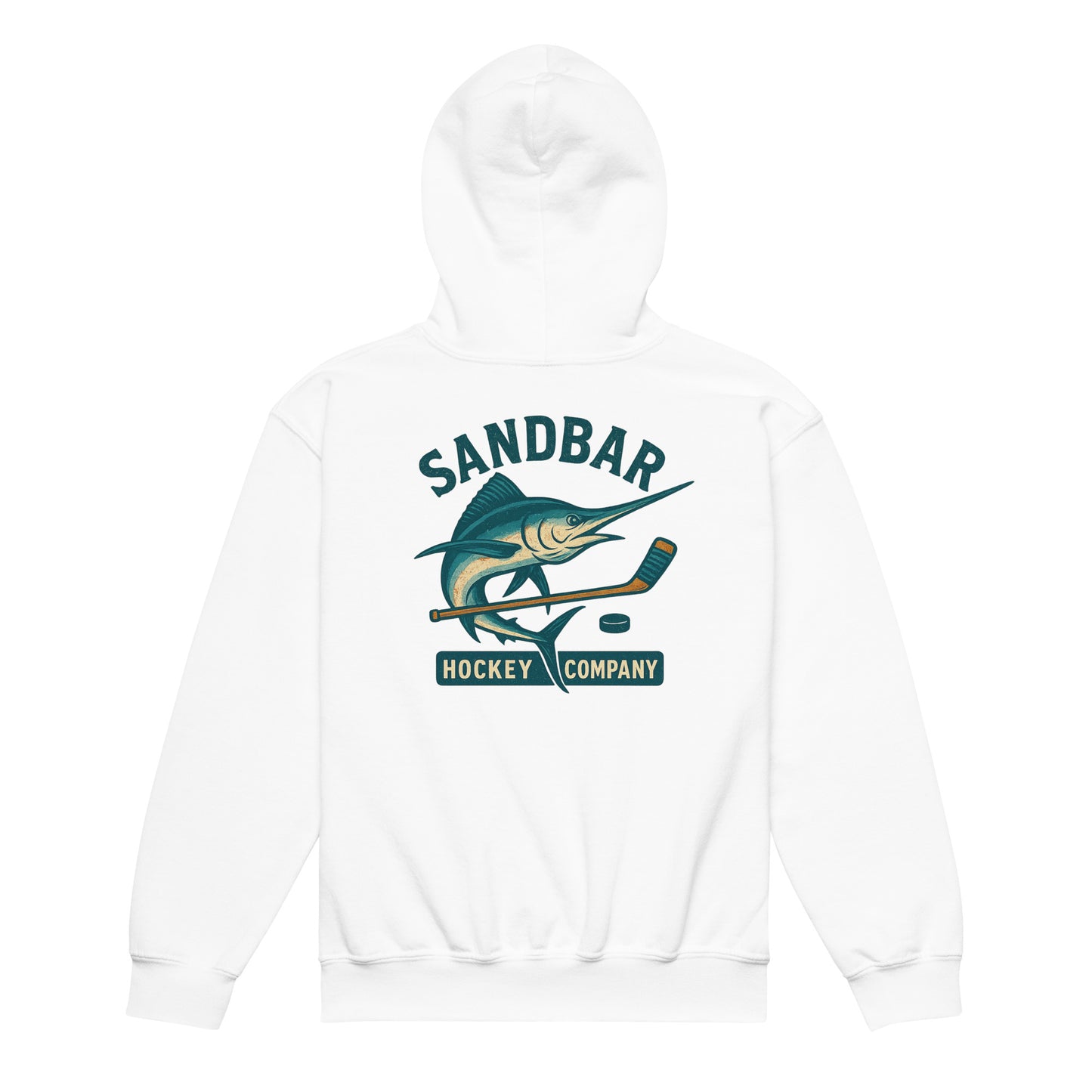 White youth hockey hoodie back side with large marlin, hockey stick, and puck graphic with Sandbar Hockey Company text