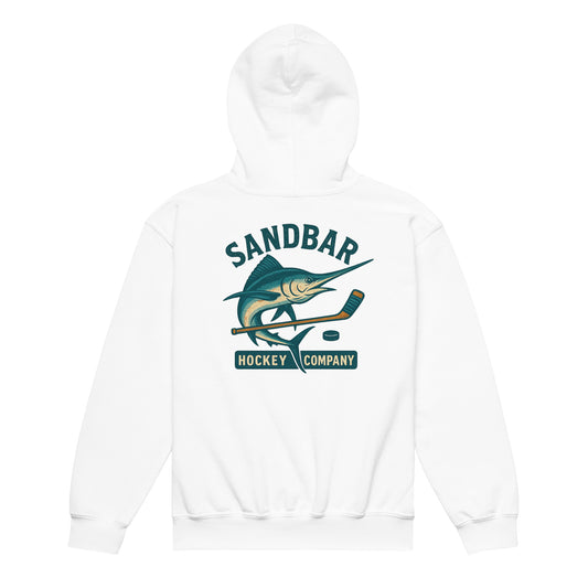 White youth hockey hoodie back side with large marlin, hockey stick, and puck graphic with Sandbar Hockey Company text
