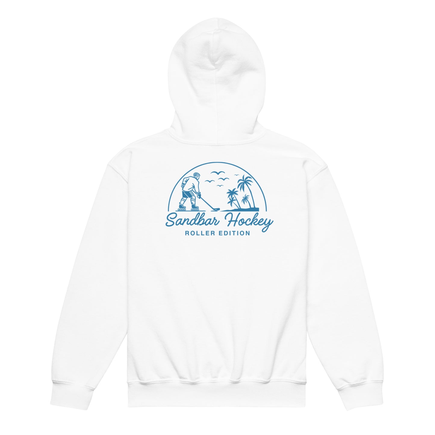 White youth roller hockey hoodie front view with Sandbar Hockey Roller Edition graphic on the chest.
