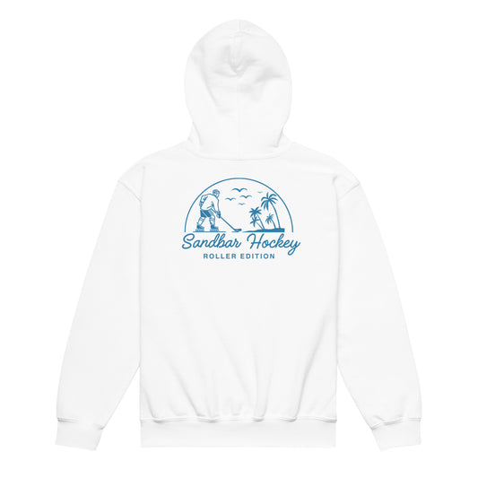 White youth roller hockey hoodie front view with Sandbar Hockey Roller Edition graphic on the chest.